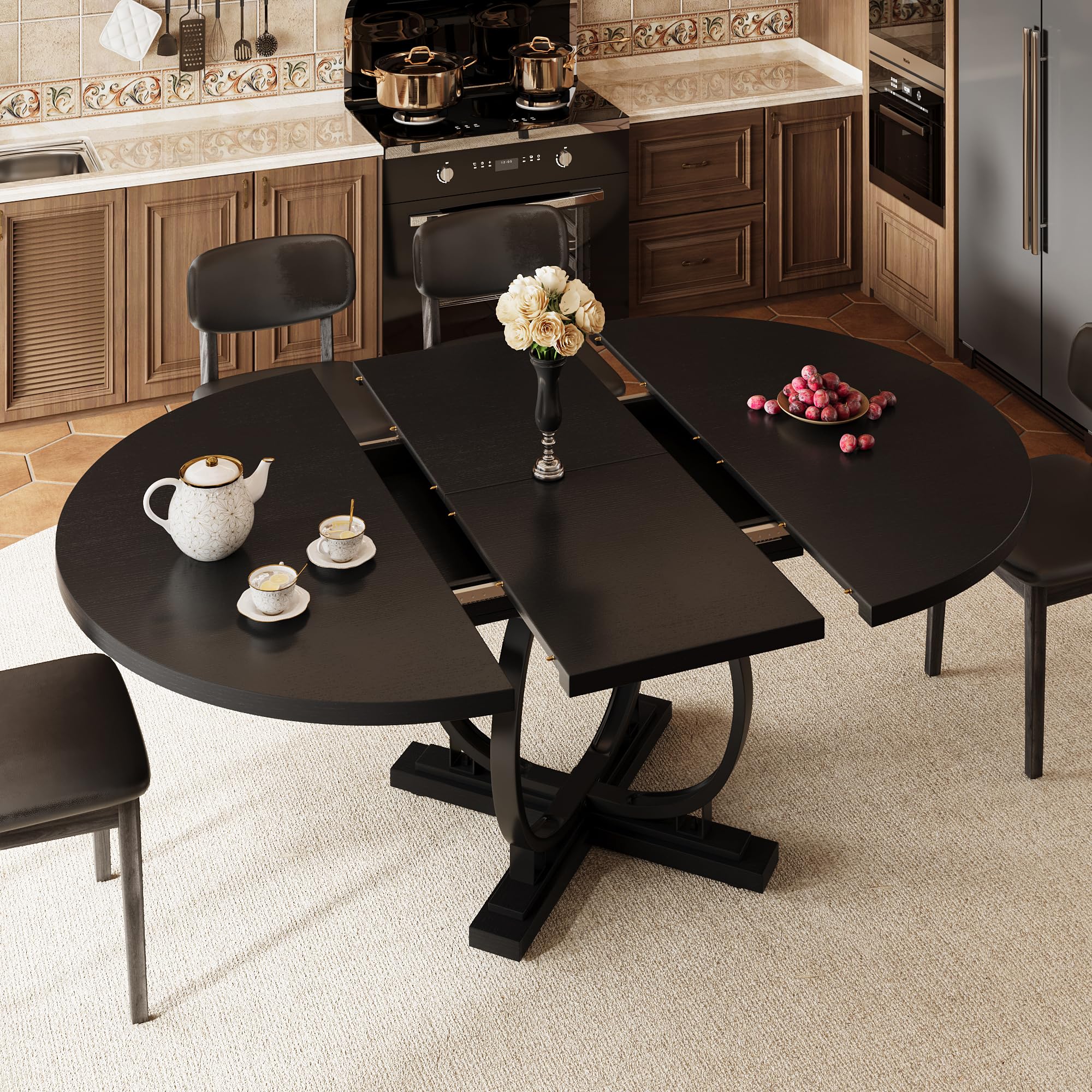 Pormis 59'' Extendable Round Dining Table for 4 to 6, Kitchen Table with Sturdy X-Base Metal Legs, MDF Board with Backboard Clasp, Space Saving, Easy Assembly, Kitchen, Dining Room, Walnut