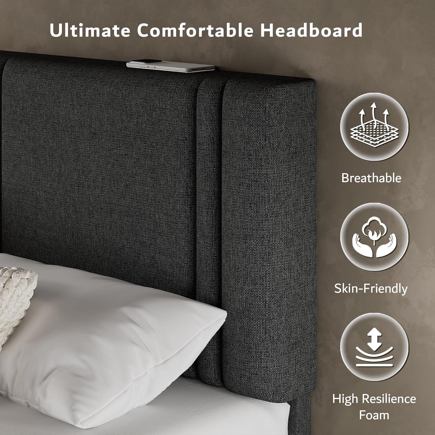 iPormis Queen Platform Bed Frame with Fabric Upholstered Headboard & Thickened Legs, Mattress Foundation w/Solid Wooden Slats Support, Noise Free, No Box Spring Needed, Dark Grey