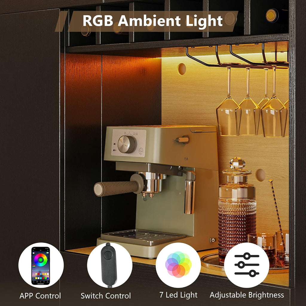 iPormis 69" Tall Kitchen Pantry Storage Cabinet with LED Lights & Microwave Stand & Wine Rack, Kitchen Hutch with Door Shelves & Adjustable Shelf & Drawers & Charge Station for Living Room, Black