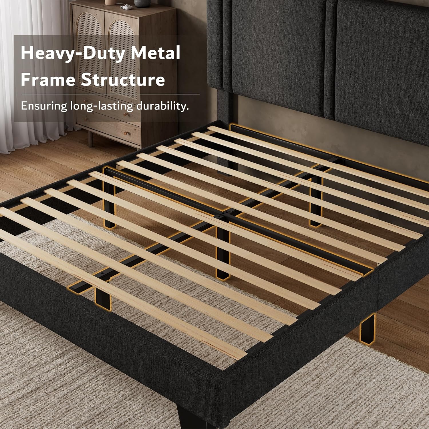 iPormis Queen Platform Bed Frame with Fabric Upholstered Headboard & Thickened Legs, Mattress Foundation w/Solid Wooden Slats Support, Noise Free, No Box Spring Needed, Dark Grey