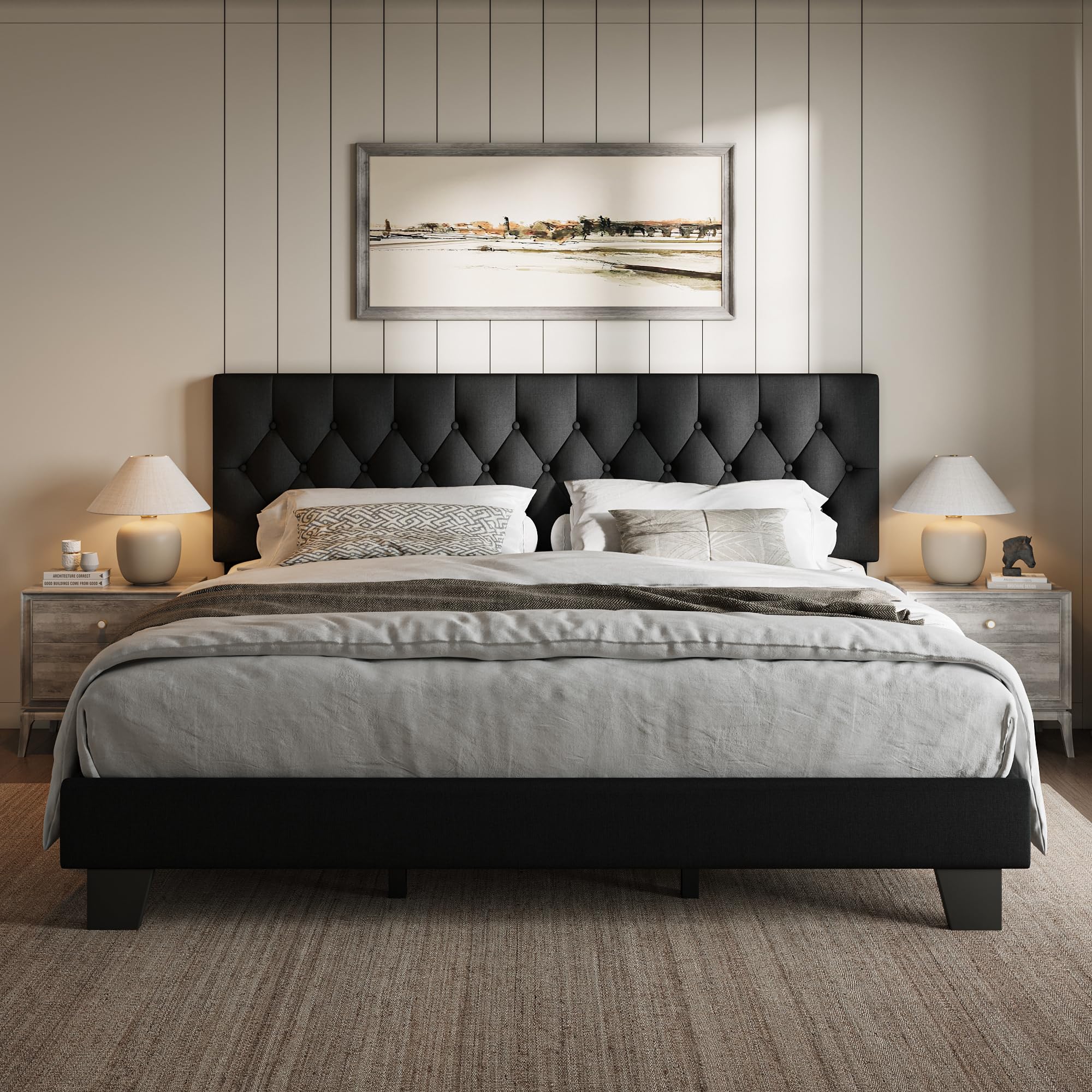 iPormis Upholstered Queen Size Bed Frame with Button Tufted Headboard, Velvet Platform Bed with Thickened Support Legs, Noise-Free/No Box Spring Needed/Easy Assembly, White