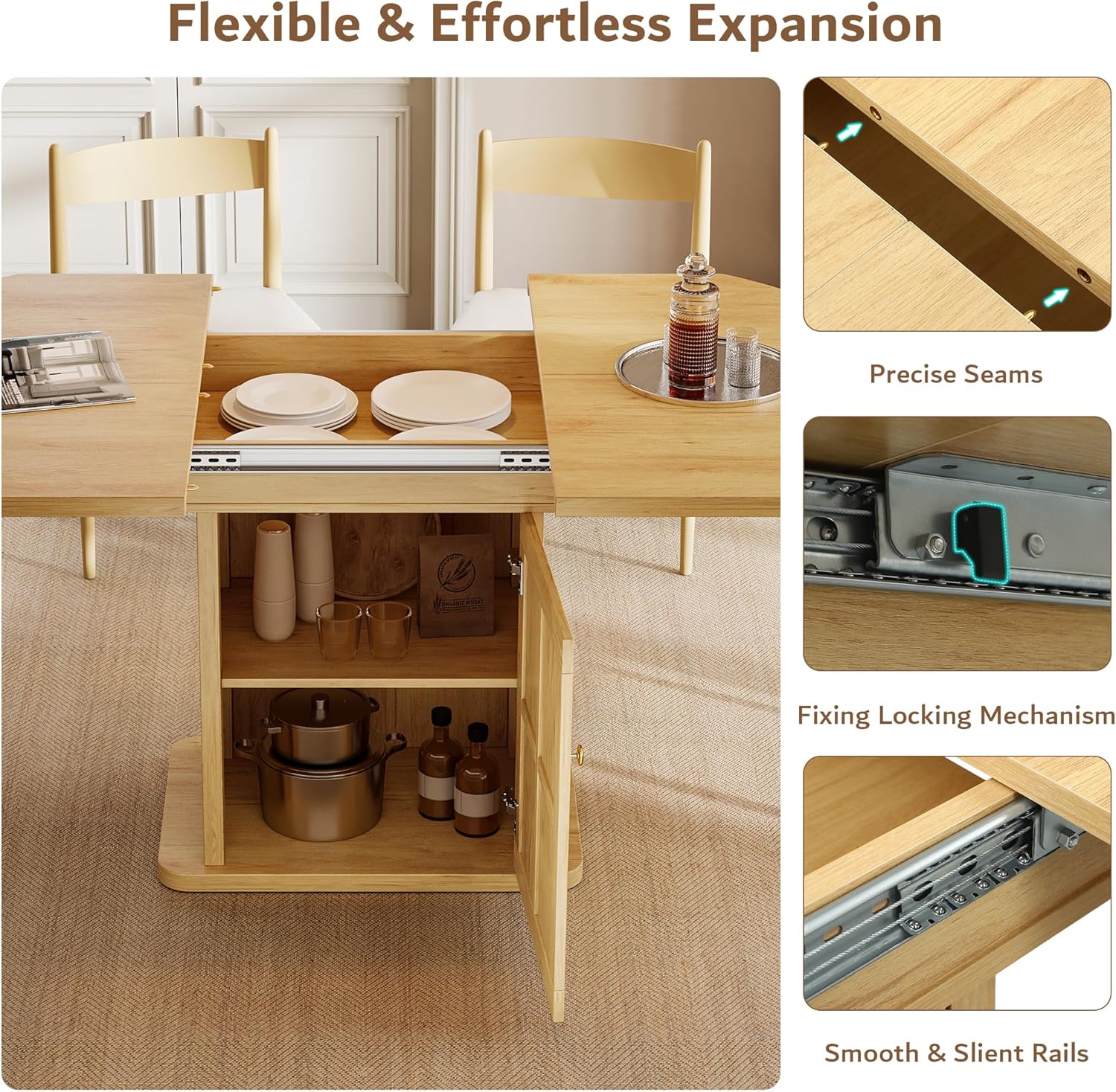 iPormis Extendable Round Dining Table for 4-6, 59'' Modern Kitchen Table with 2-Tier Storage Shelf, Wood Door, MDF Board, Space Saving Oval Dinner with Sturdy Pedestal Base, Kitchen, Dining, Oak