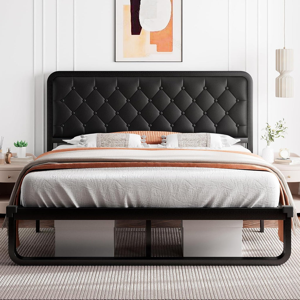 iPormis Queen Bed Frame with Headboard Faux Leather Upholstered Bed Frame Platform, All Metal Slats Support Platform Bed Frame with 12" Under Bed Space, Noise Free, No Box Spring Needed, Black