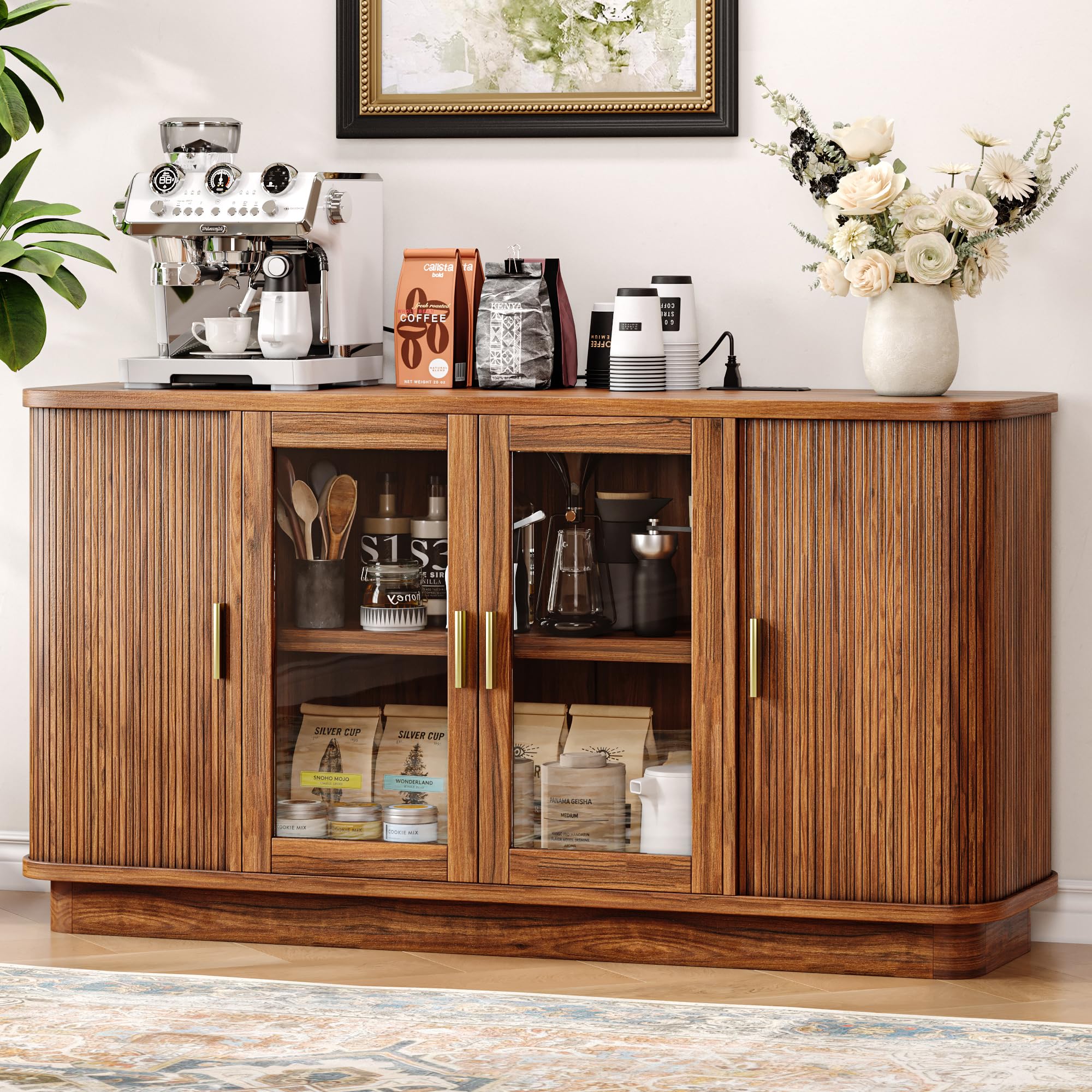 iPormis 63" Sideboard Buffet Cabinet with Storage, Modern Fluted Accent Cabinet with Sliding Doors, Adjustable Shelves, Wood Coffee Bar Console Table for Kitchen, Dining Room, Hallway, Black