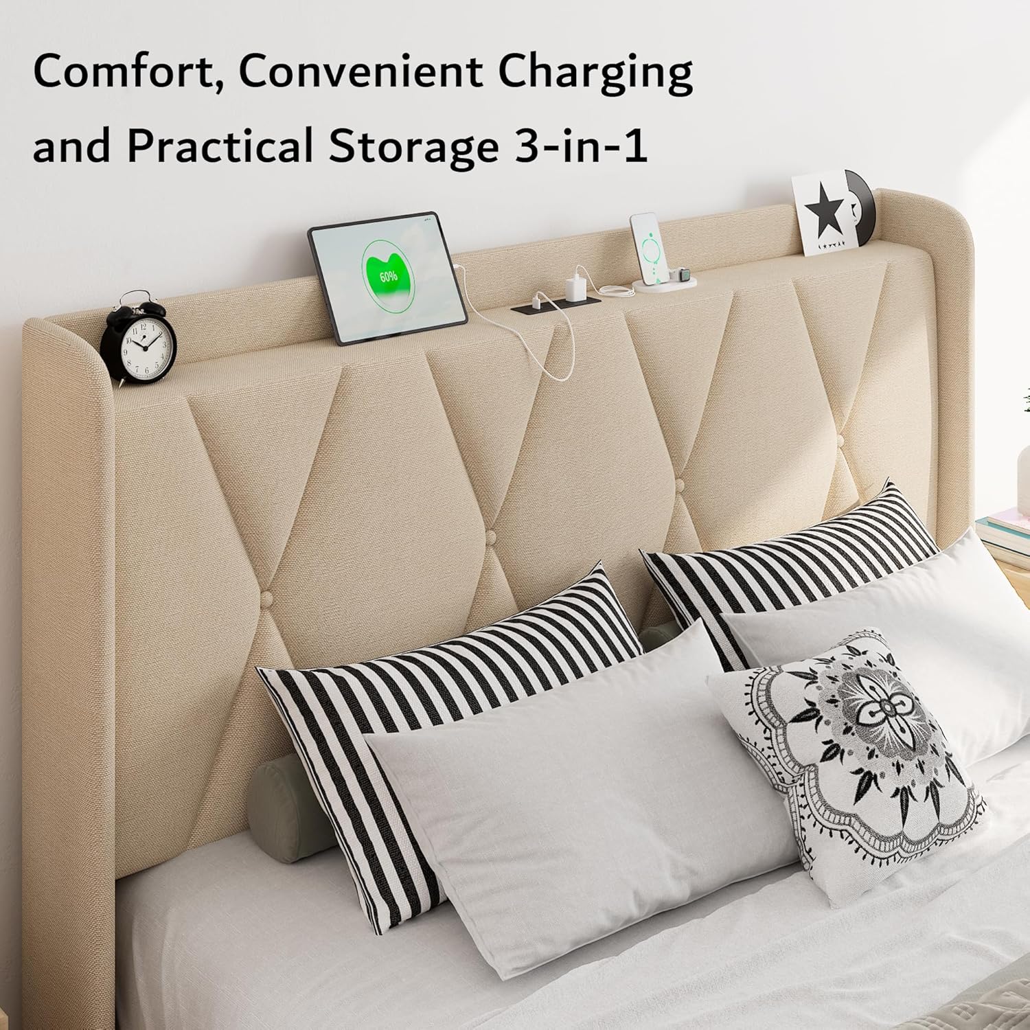 iPormis Queen Bed Frame with 4 Storage Drawers, Upholstered Platform Bed Frame with Charging Station, Modern Wingback Storage Headboard, Easy Assembly, Beige