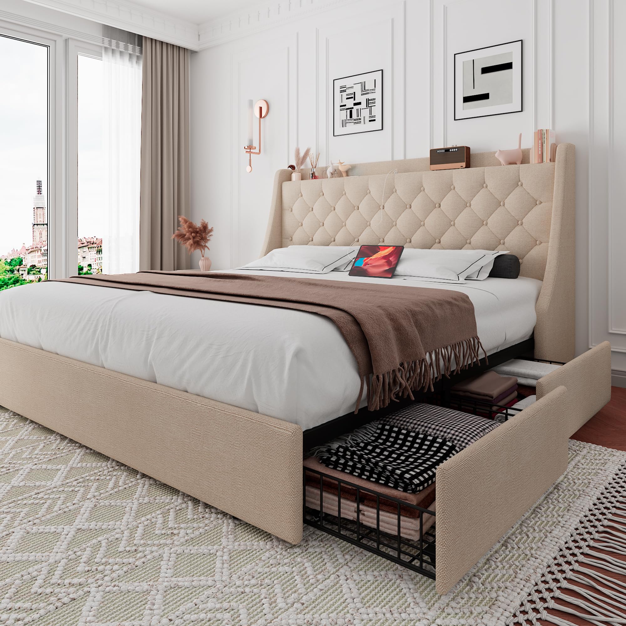 iPormis Queen Bed Frame with 4 Storage Drawers, Upholstered Platform Bed Frame with Type-C & USB Ports, Wingback Storage Headboard, Solid Wood Slats, No Box Spring Needed, Dark Gray