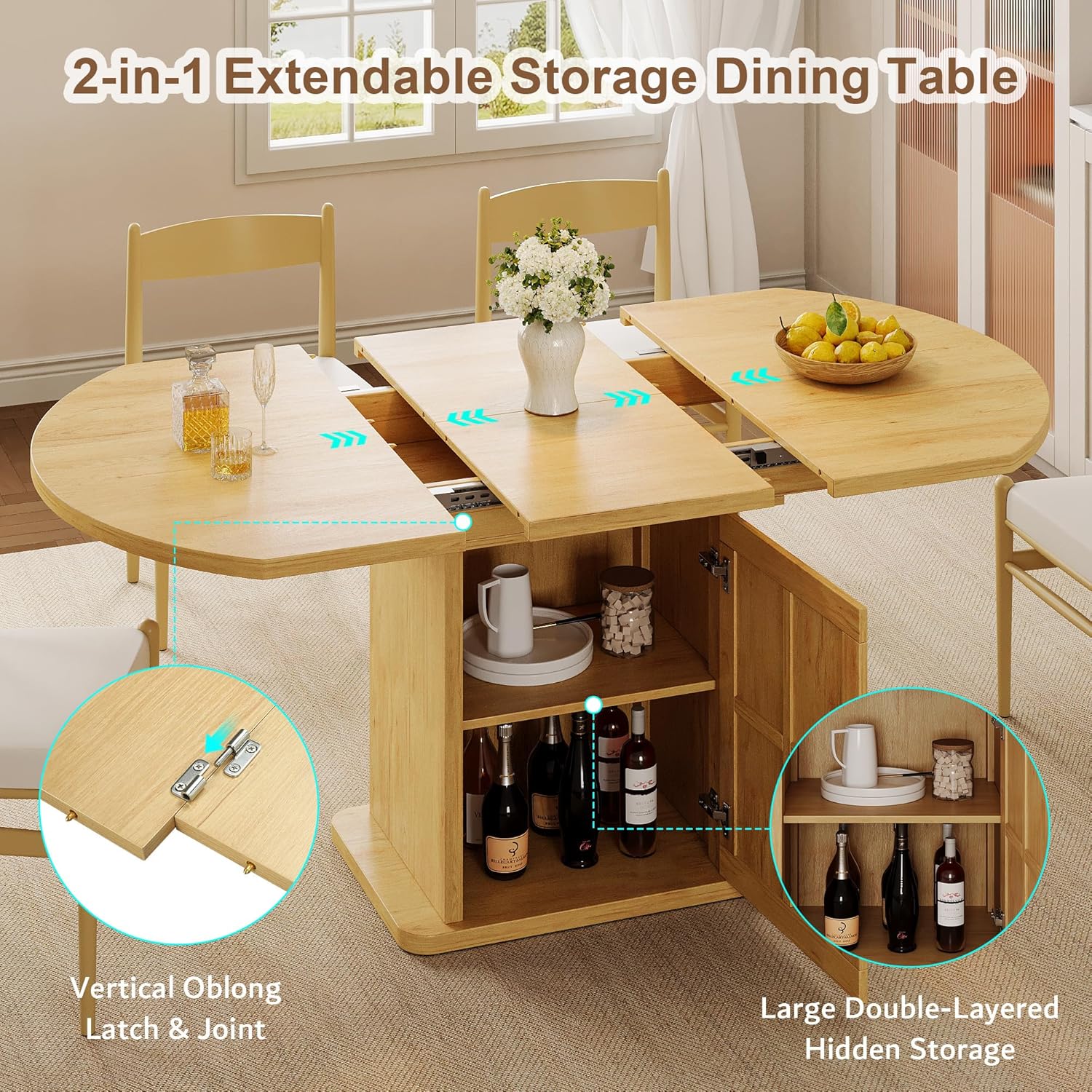 iPormis Extendable Round Dining Table for 4-6, 59'' Modern Kitchen Table with 2-Tier Storage Shelf, Wood Door, MDF Board, Space Saving Oval Dinner with Sturdy Pedestal Base, Kitchen, Dining, Oak
