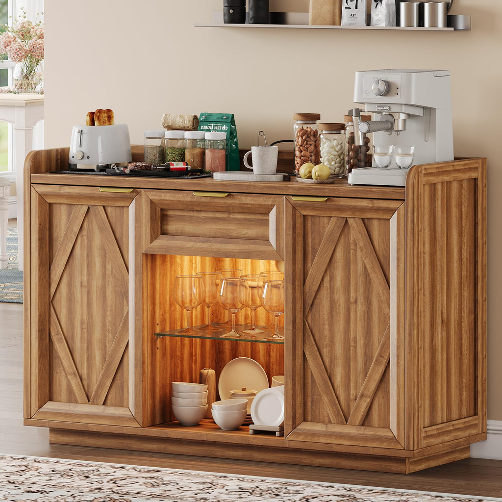 iPormis 47" Buffet Cabinet with LED Lights & Charging Station, Sideboard with Storage, 2 Doors & 1 Drawer, Adjustable Shelves, Modern Farmhouse Coffee Bar for Kitchen,Dining Room,Living Room, Black