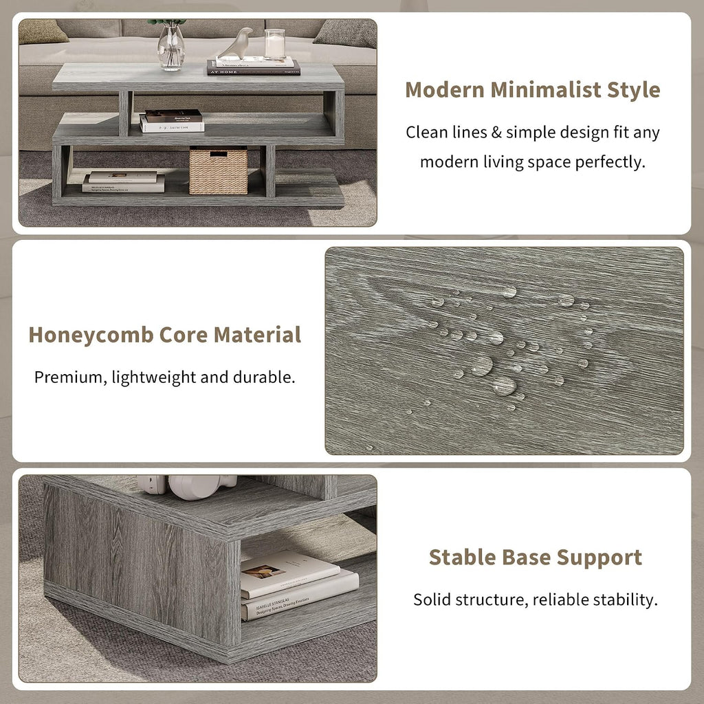 iPormis 41.3" Coffee Table with 3-Tier Storage Space, Modern Coffee Table with Geometric Design for Living Room, Apartment, Home Office, Easy Assembly, Elegant Grey