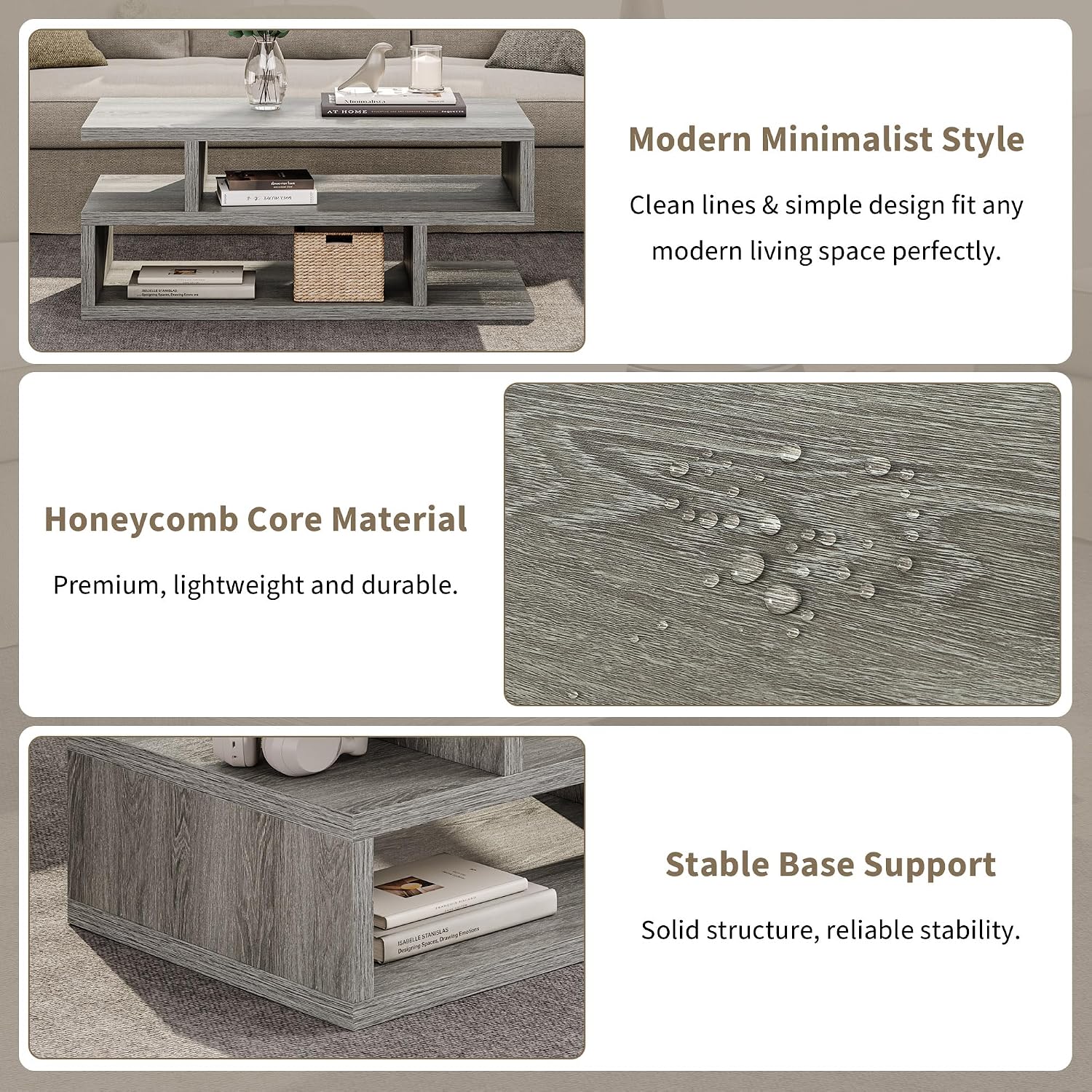 iPormis 41.3" Coffee Table with 3-Tier Storage Space, Modern Coffee Table with Geometric Design for Living Room, Apartment, Home Office, Easy Assembly, Elegant Grey