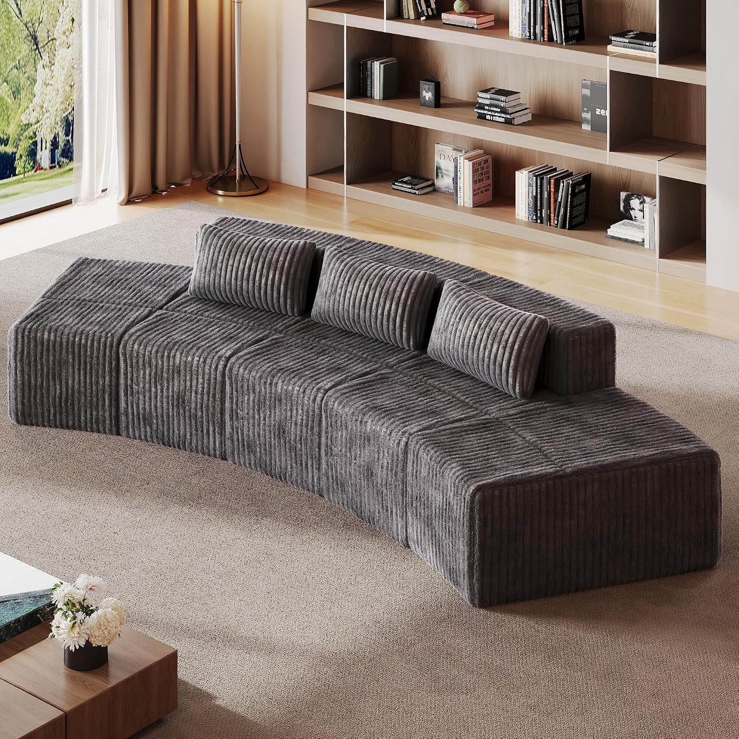 iPormis Boneless Sectional Couches for Living Room, Curved Cloud Couch with Upholstered Corduroy, Modular Sofa with Deep Seat, No Assembly Required, 3 Seats and 2 Ottomans, Dark Gray