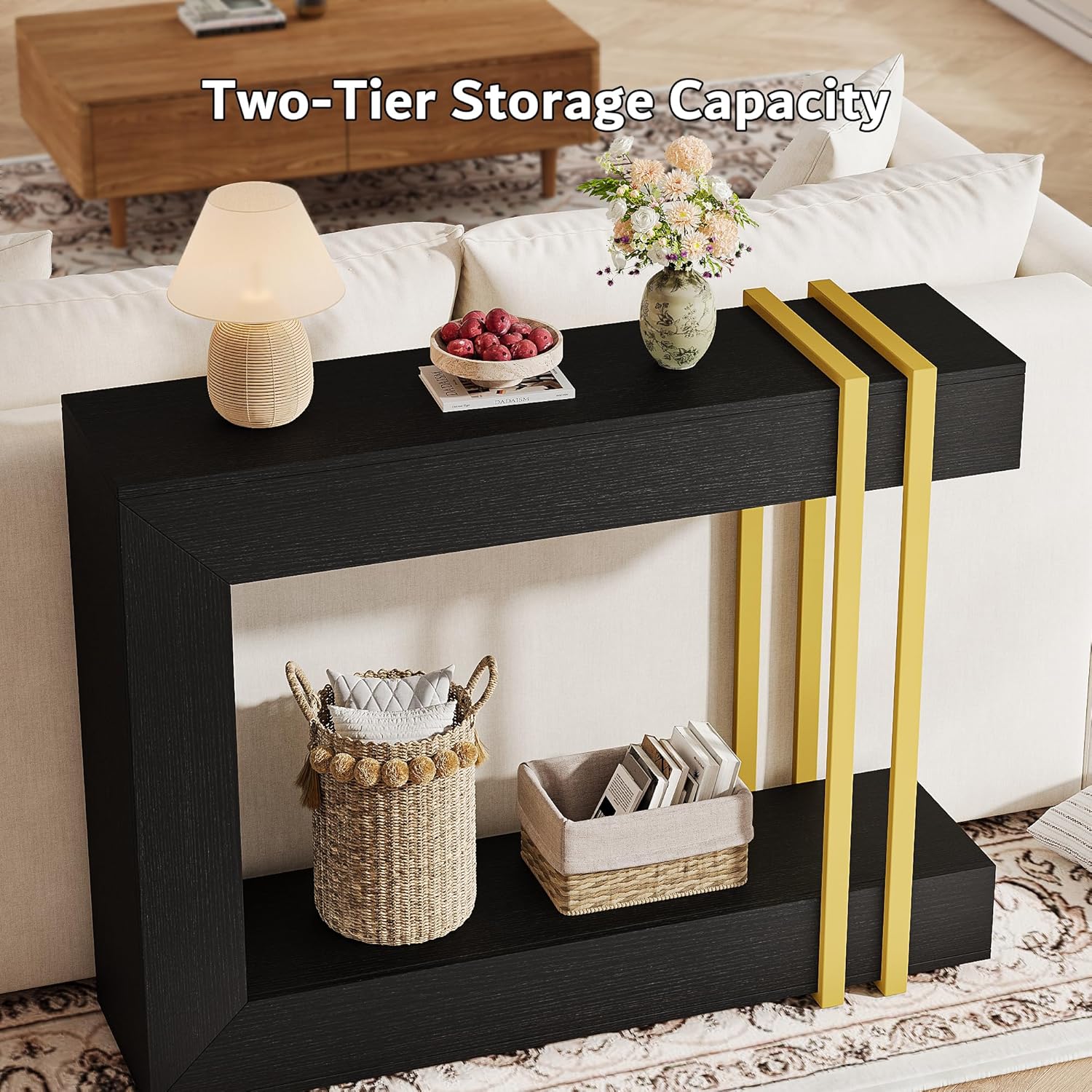 iPormis 42.5-Inch Console Table for Entryway, 2-Tier Sofa Table Behind Couch, Wood Entry Table with Storage & Metal Lines Base for Living Room, Hallway, Foyer, Black