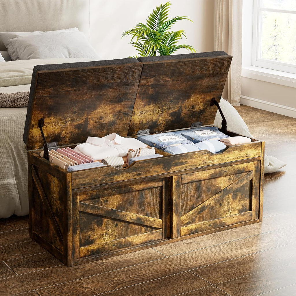 iPormis Shoe Storage Bench,40" Wide 2-Tier Shoe Bench with Padded Seat Cushion and Lift Top Storage,Entryway Bench with Adjustable Shelf,Wooden End of Bed Bench,Rustic Brown