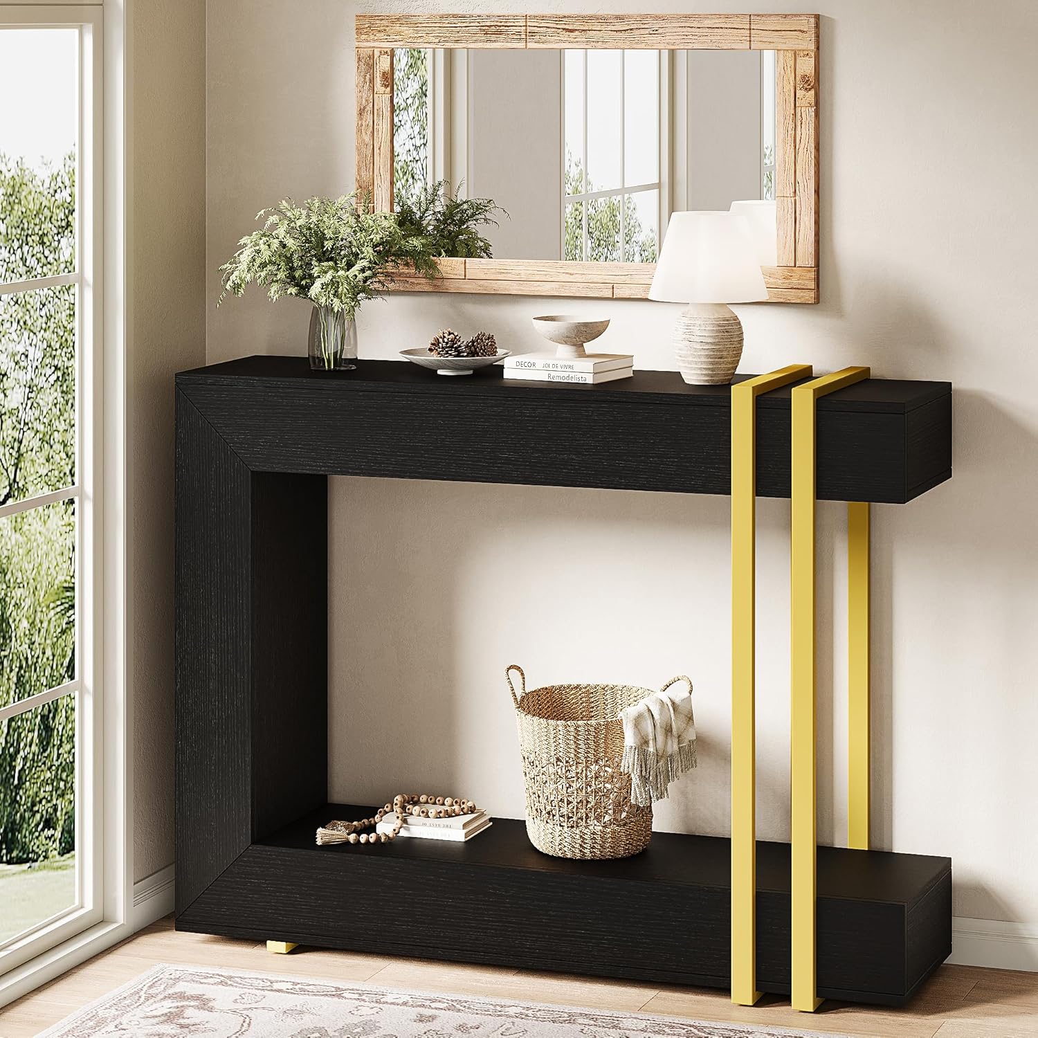 iPormis 42.5-Inch Console Table for Entryway, 2-Tier Sofa Table Behind Couch, Wood Entry Table with Storage & Metal Lines Base for Living Room, Hallway, Foyer, Black