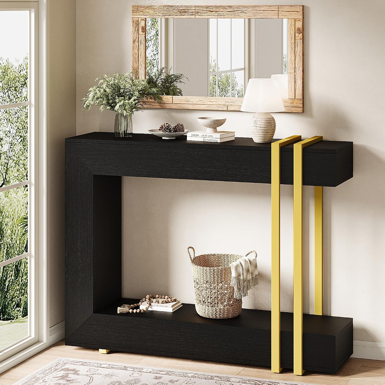iPormis 42.5-Inch Console Table for Entryway, 2-Tier Sofa Table Behind Couch, Wood Entry Table with Storage & Metal Lines Base for Living Room, Hallway, Foyer, Black