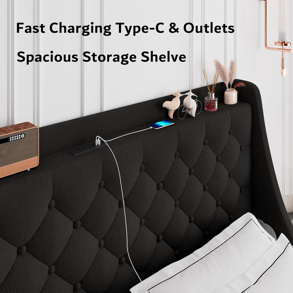 iPormis Queen Bed Frame with 4 Storage Drawers, Upholstered Platform Bed Frame with Type-C & USB Ports, Wingback Storage Headboard, Solid Wood Slats, No Box Spring Needed, Black