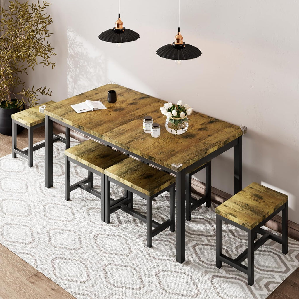 iPormis 7-piece dining table set with 63" extendable table and 6 stools in a modern kitchen setting.