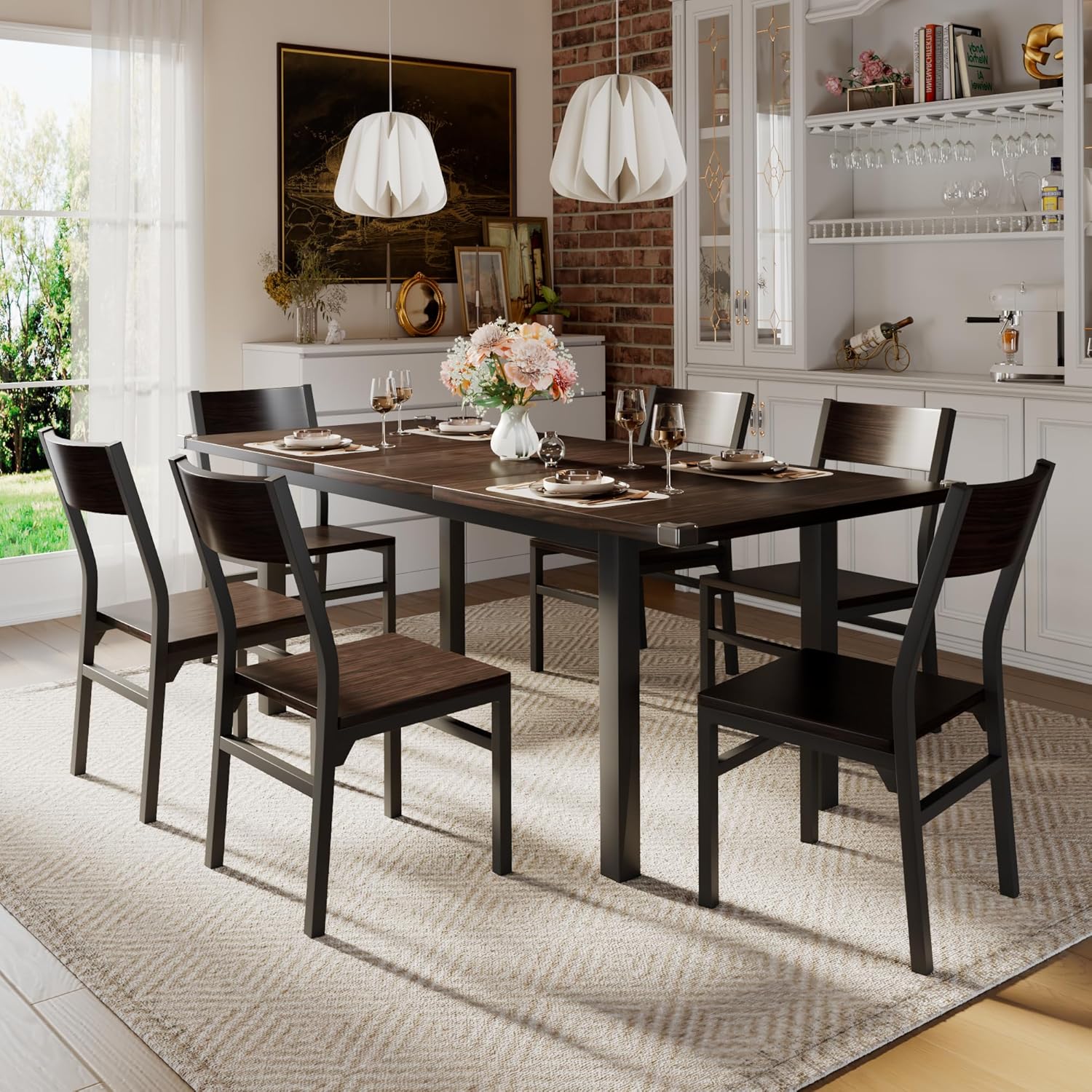 iPormis 7-piece dining set featuring a 63" extendable kitchen table and chairs in a stylish arrangement.
