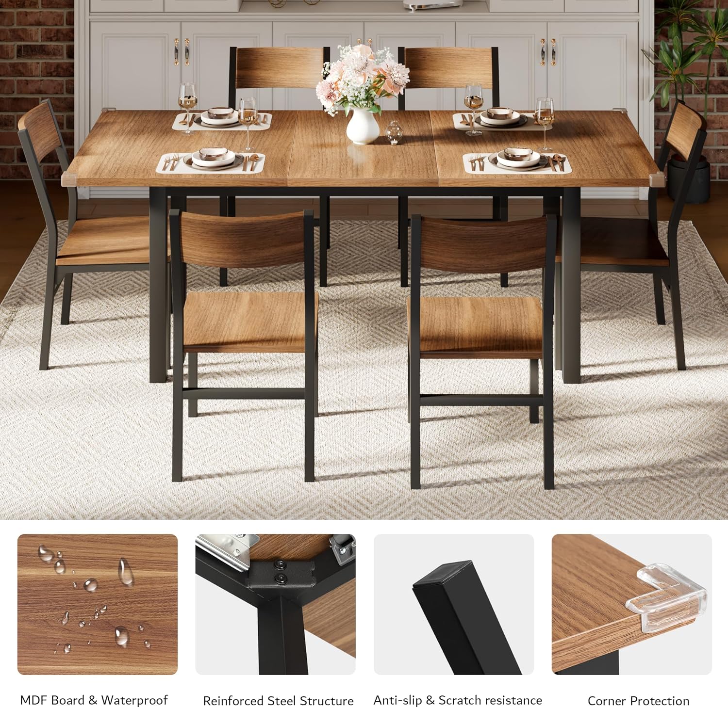Passionate 7-piece dining table set featuring a 63" extendable table and 6 chairs in a modern kitchen setting.