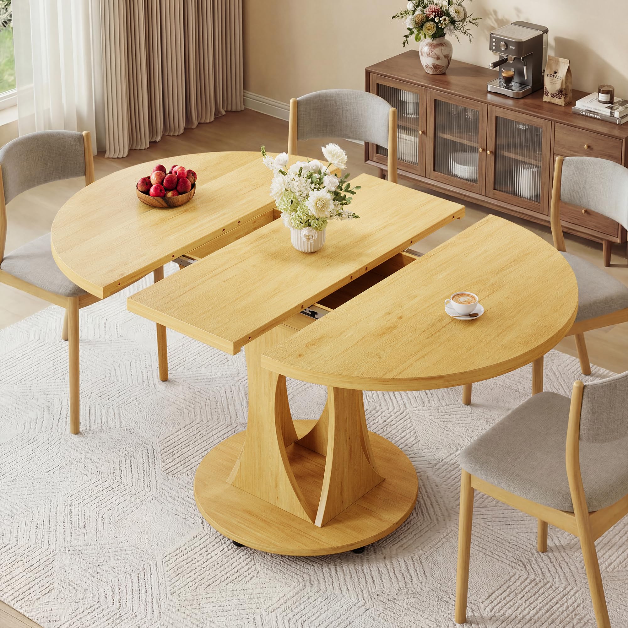 iPormis 43"-59" Extendable Dining Table, Round Kitchen Table with Modern Arcs Pedestal, Oval Dinner Table with Removable Leaves,Hidden Storage, for Kitchen, Dining Room, Living Room, Office, White