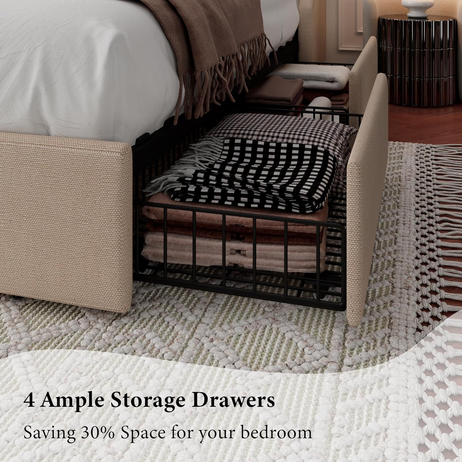 iPormis Queen Bed Frame with 4 Storage Drawers, Upholstered Platform Bed Frame with Type-C & USB Ports, Wingback Storage Headboard, Solid Wood Slats, No Box Spring Needed, Beige