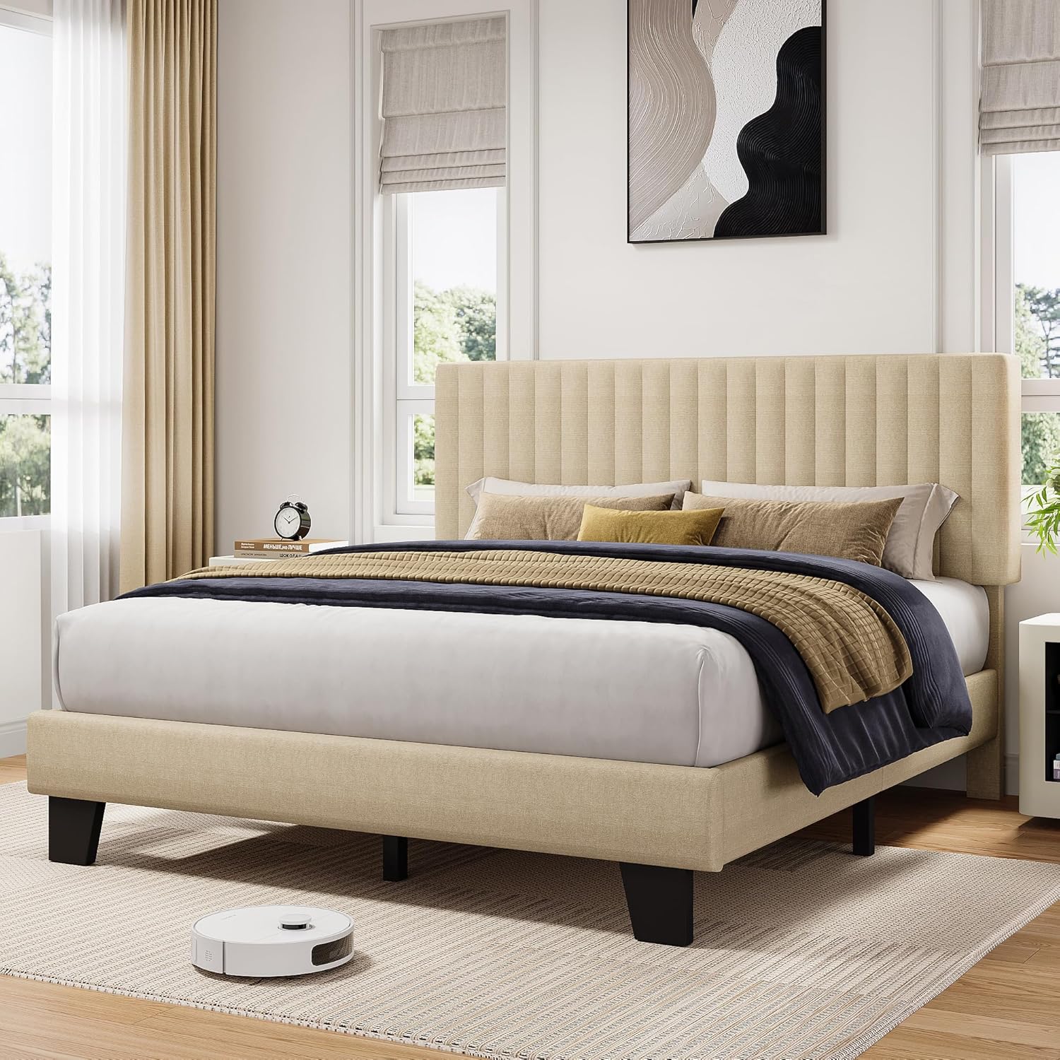 iPormis Queen Size Bed Frame, Upholstered Platform Bed with Vertical Linen Headboard, Wide Bed Legs and Strong Wood Slats Support, No Box Spring Needed, Easy Assembly, Noise Free, Beige