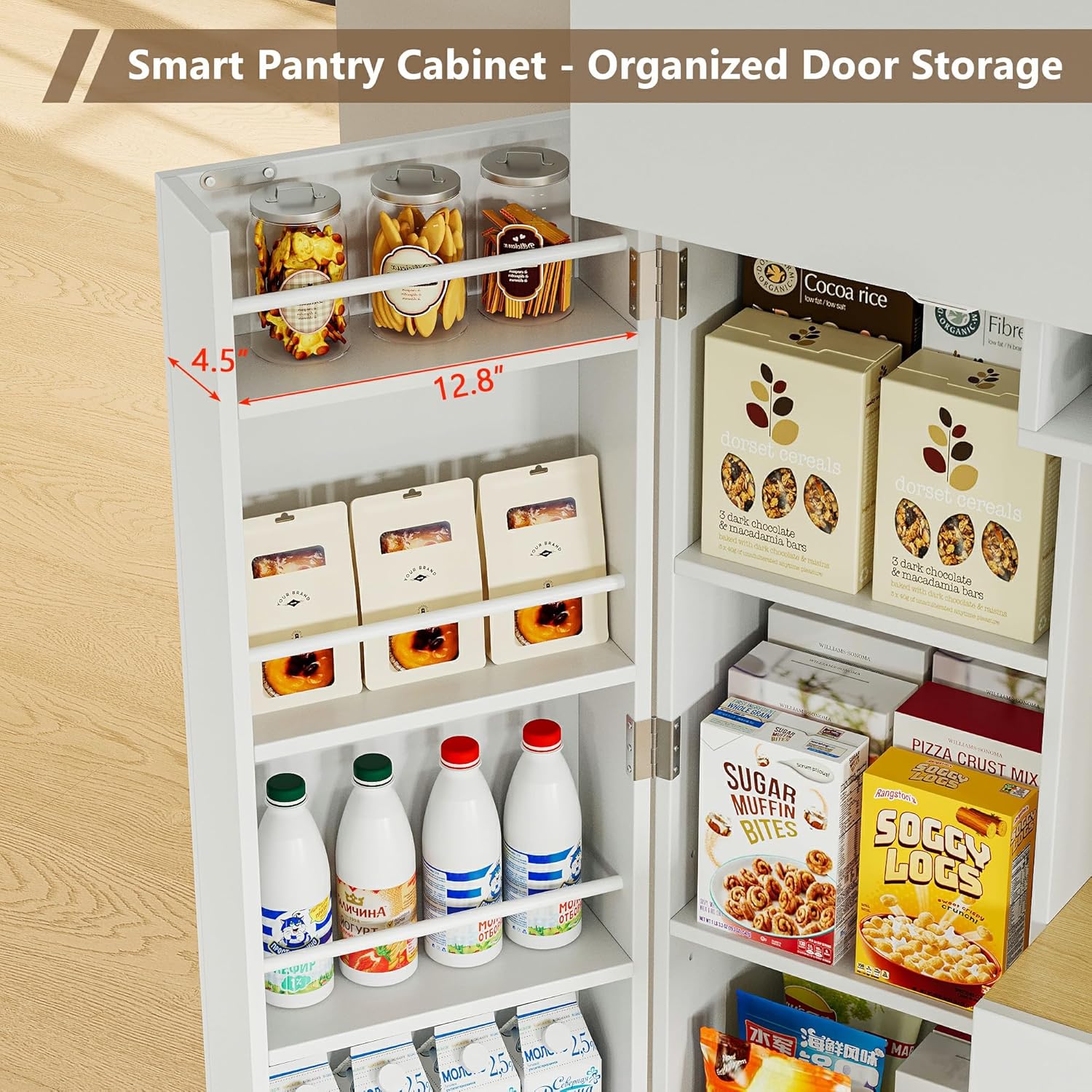 Ipromis 69" tall kitchen pantry cabinet with LED lights, microwave stand, wine rack, and hutch with door shelves.