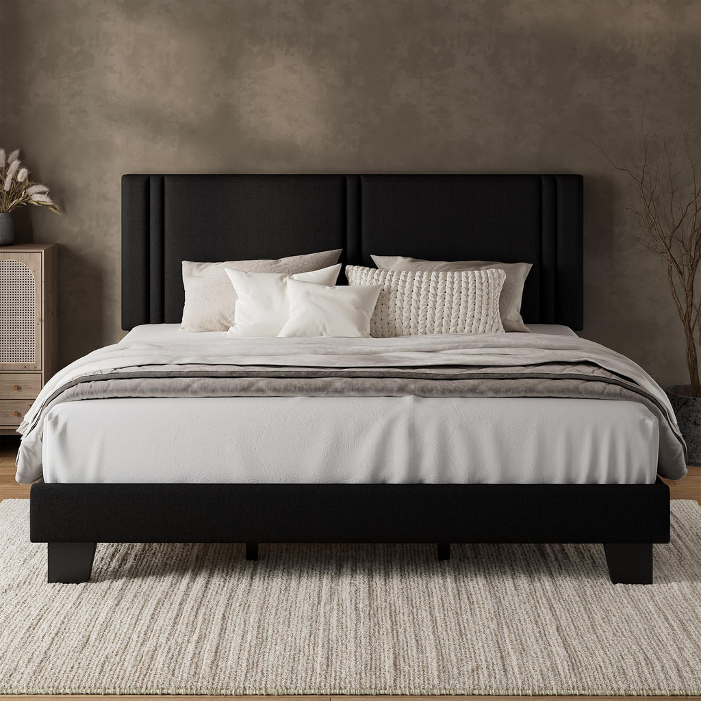 iPormis Queen Platform Bed Frame with Fabric Upholstered Headboard & Thickened Legs, Mattress Foundation w/Solid Wooden Slats Support, Noise Free, No Box Spring Needed, Dark Grey