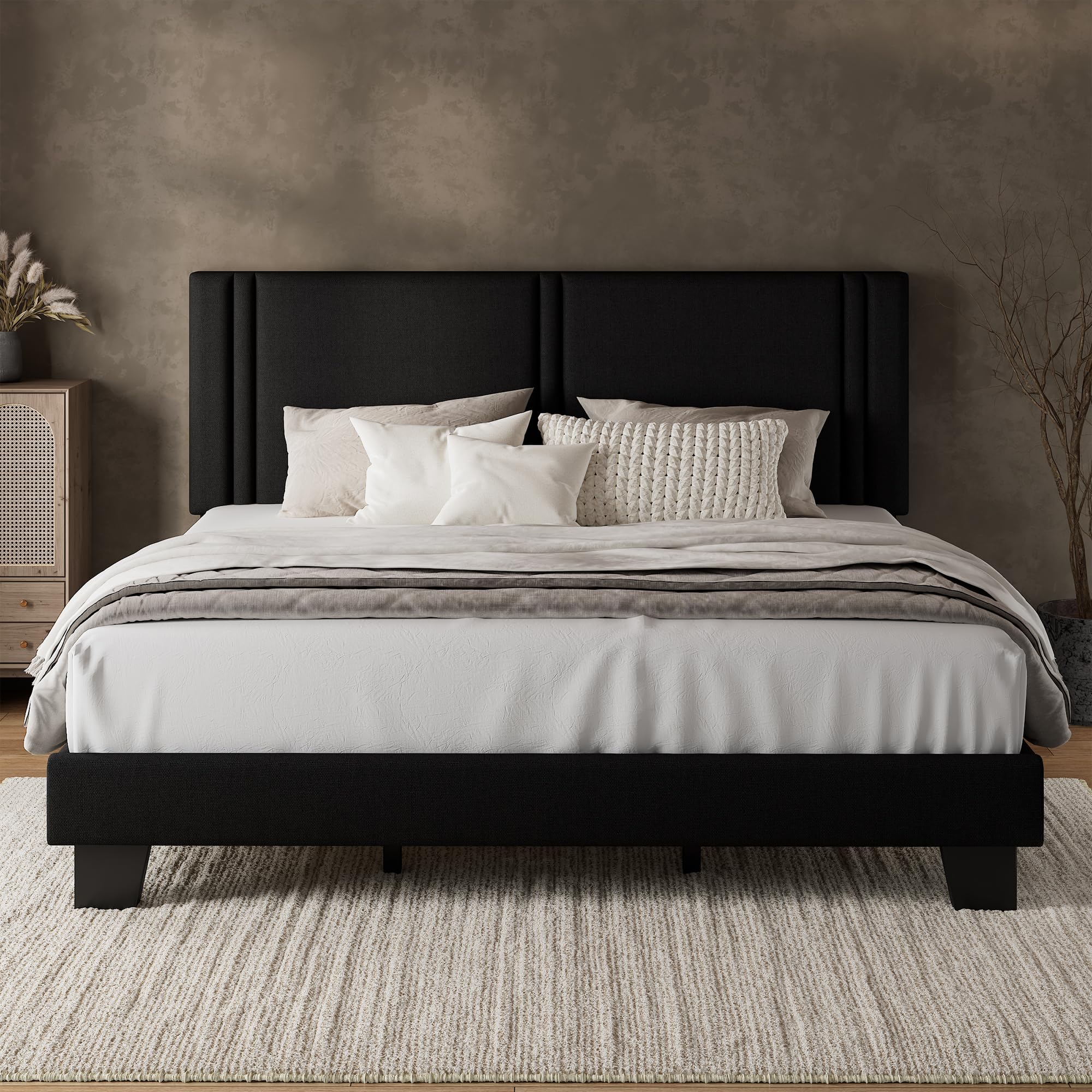 iPormis Queen Platform Bed Frame with Fabric Upholstered Headboard & Thickened Legs, Mattress Foundation w/Solid Wooden Slats Support, Noise Free, No Box Spring Needed, Dark Grey