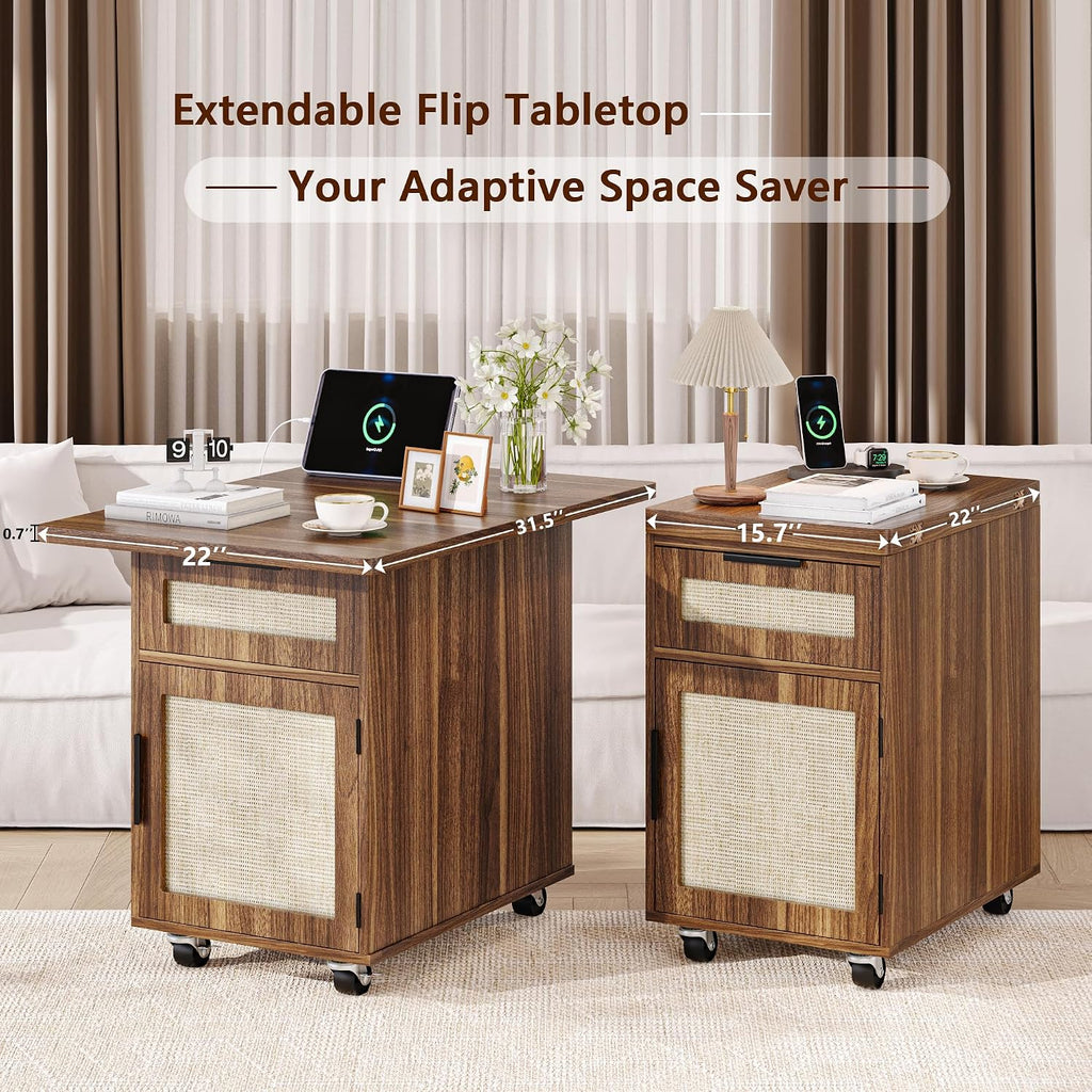 iPormis Narrow Nightstand with Charging Station, Extendable Desktop, Drawer | 15.7''-31.5'' Expandable Surface, Rolling Wheels, Rattan Wood Storage Cabinet, Space-Saving for Bedroom Small Spaces, Walnut