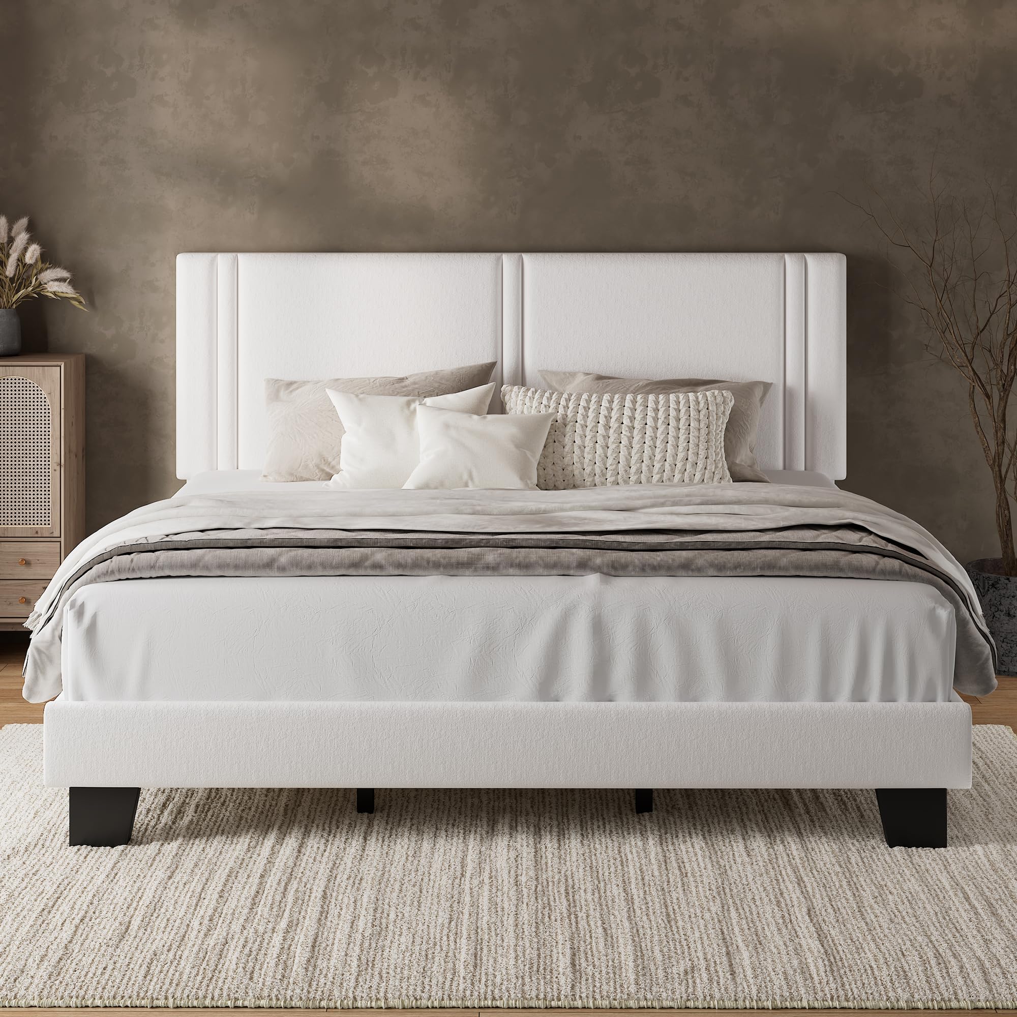 iPormis Queen Platform Bed Frame with Fabric Upholstered Headboard & Thickened Legs, Mattress Foundation w/Solid Wooden Slats Support, Noise Free, No Box Spring Needed, Dark Grey