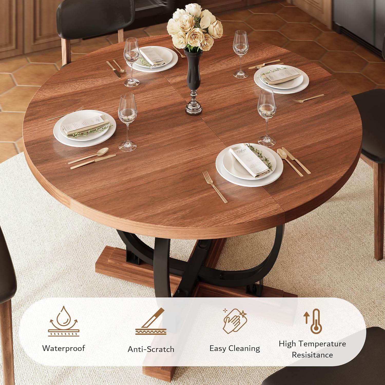 Pormis 59'' Extendable Round Dining Table for 4 to 6, Kitchen Table with Sturdy X-Base Metal Legs, MDF Board with Backboard Clasp, Space Saving, Easy Assembly, Kitchen, Dining Room, Walnut