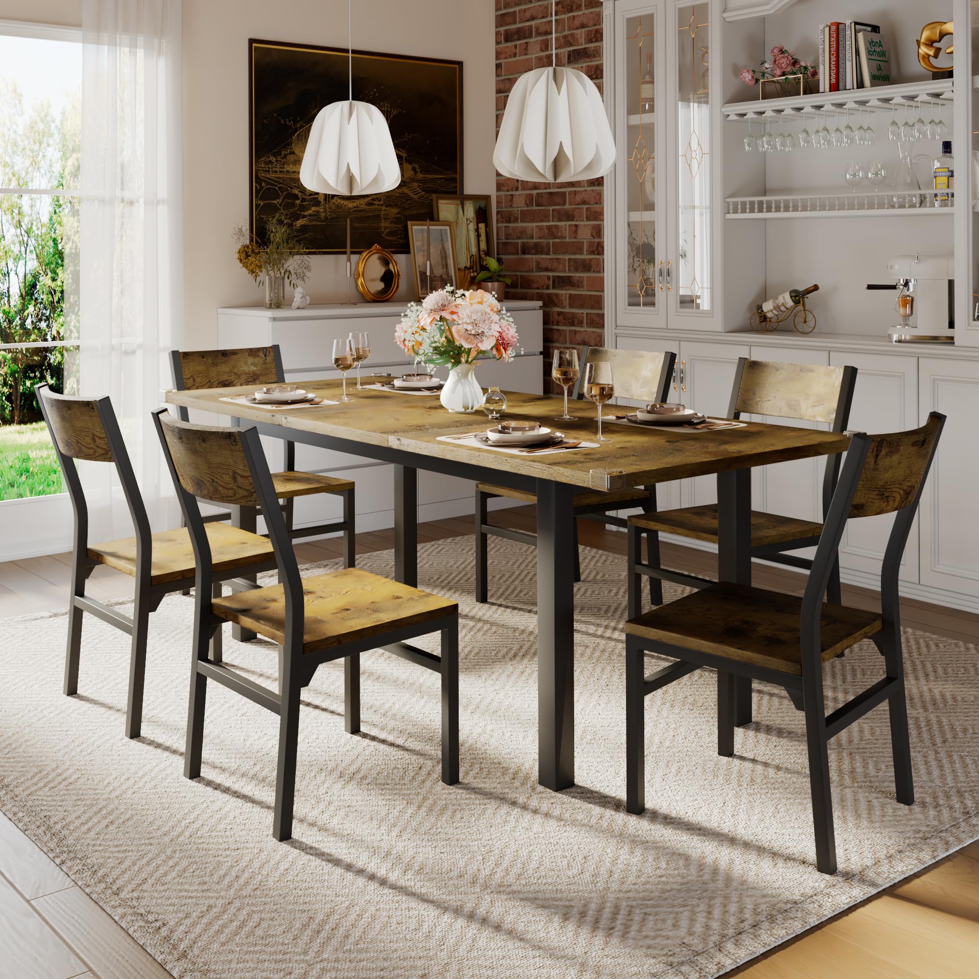 iPormis 7-Piece Dining Table Set with 6 Chairs, 63" Extendable Kitchen Table & Chairs Set for 4-6, Dining RoomTable with Solid Metal Frame & MDF Board, Perfect for Small Space, Easy Assembly, Walnut