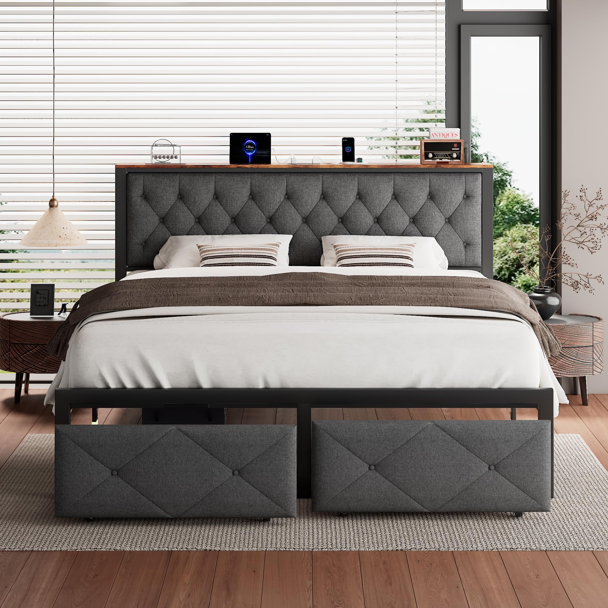 iPormis Full Bed Frame with 2 Storage Drawers, Linen Upholstered Headboard Platform Bed with Charging Station, No Box Spring Needed, Metal Slats Support, Noise-Free, Easy Assembly, Black