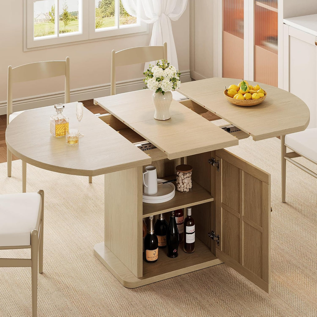 iPormis Extendable Round Dining Table for 4-6, 59'' Modern Kitchen Table with 2-Tier Storage Shelf, Wood Door, MDF Board, Space Saving Oval Dinner with Sturdy Pedestal Base, Kitchen, Dining, Natural