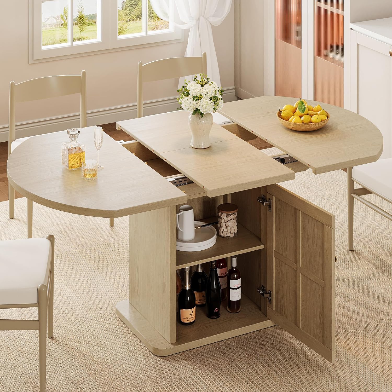 iPormis Extendable Round Dining Table for 4-6, 59'' Modern Kitchen Table with 2-Tier Storage Shelf, Wood Door, MDF Board, Space Saving Oval Dinner with Sturdy Pedestal Base, Kitchen, Dining, Natural