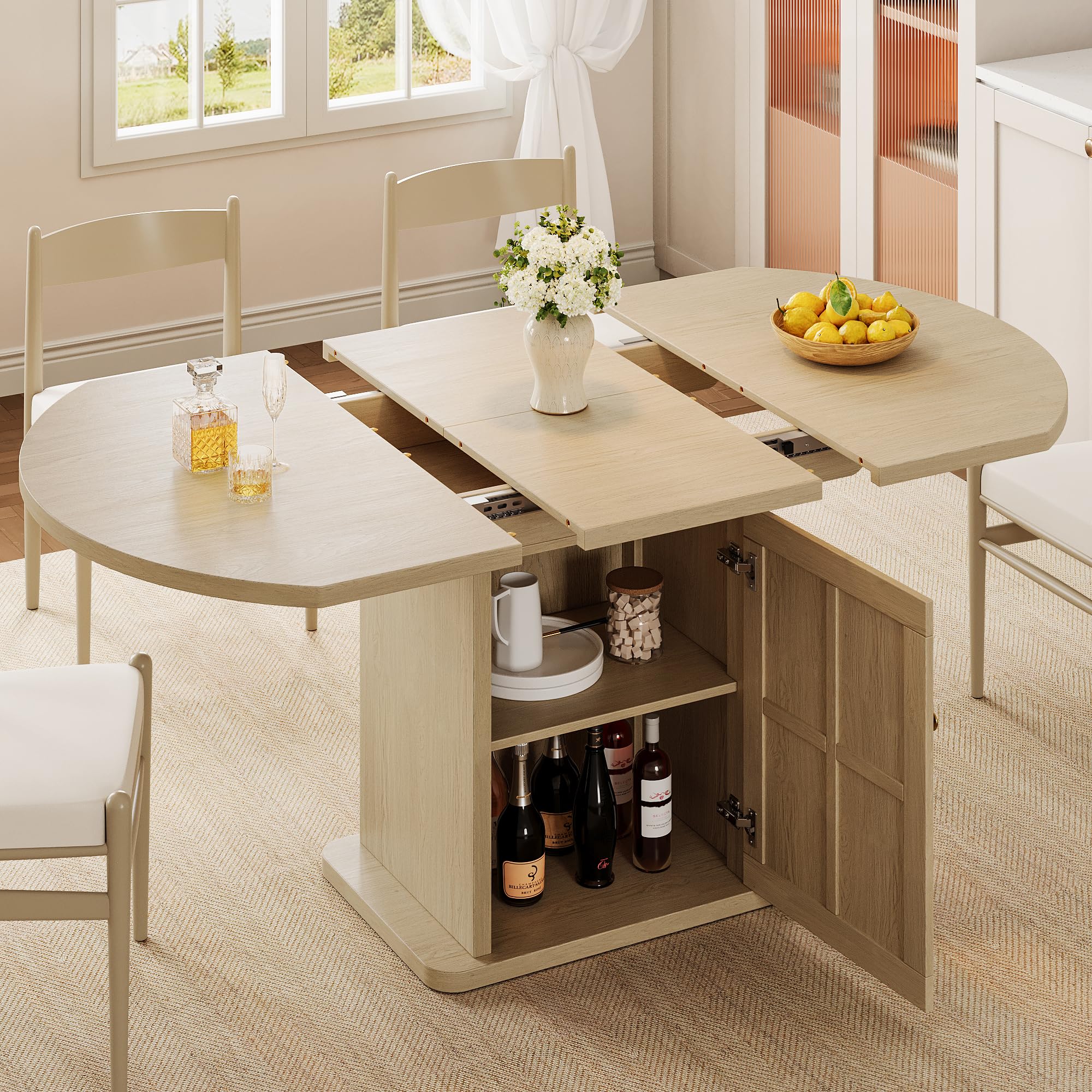 iPormis Extendable Round Dining Table for 4-6, 59'' Modern Kitchen Table with 2-Tier Storage Shelf, Wood Door, MDF Board, Space Saving Oval Dinner with Sturdy Pedestal Base, Kitchen, Dining, Oak