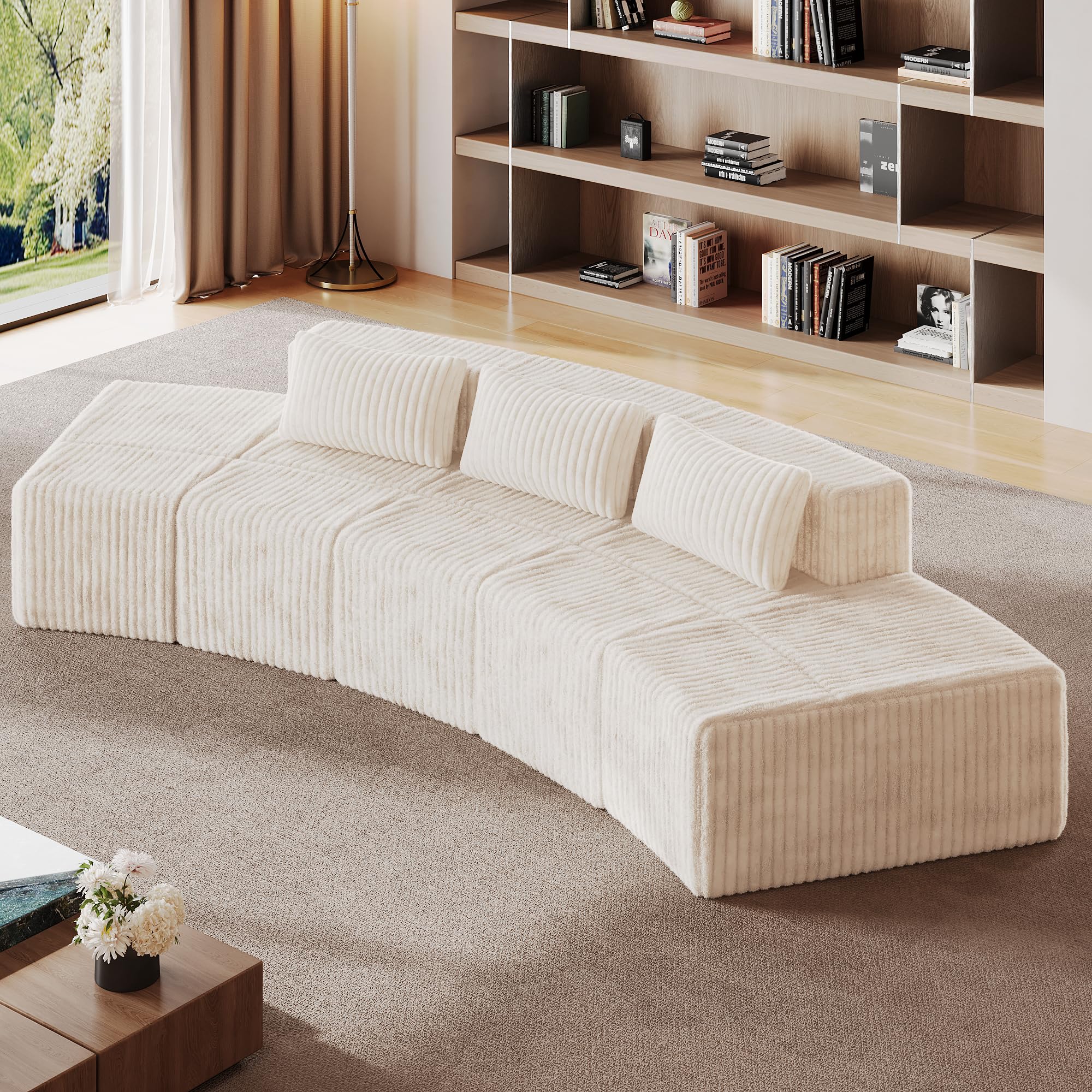 iPormis Boneless Sectional Couches for Living Room, Curved Cloud Couch with Upholstered Corduroy, Modular Sofa with Deep Seat, No Assembly Required, 3 Seats and 2 Ottomans, Dark Gray