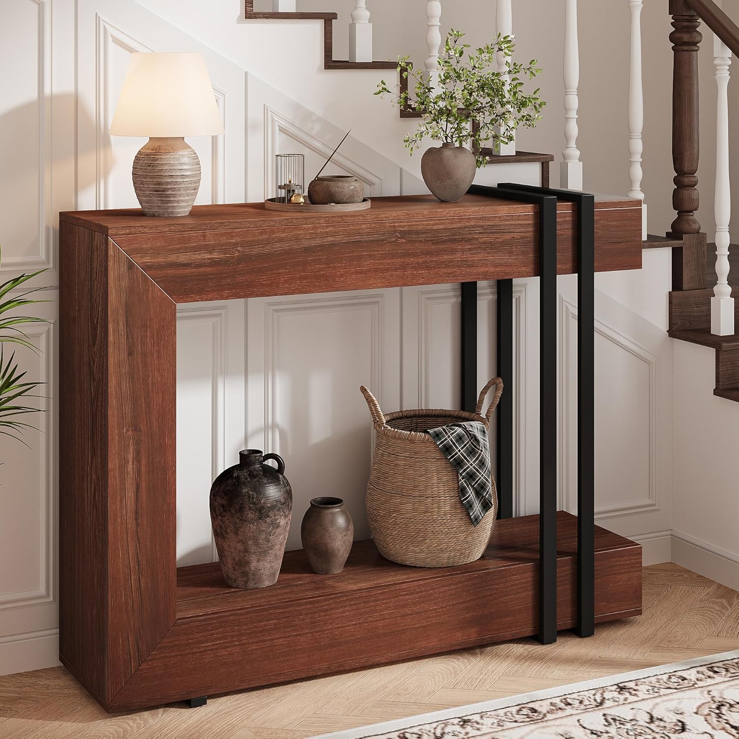 iPormis 42.5-inch console table with two tiers, designed for entryway or behind couch, showcasing a modern wood finish.