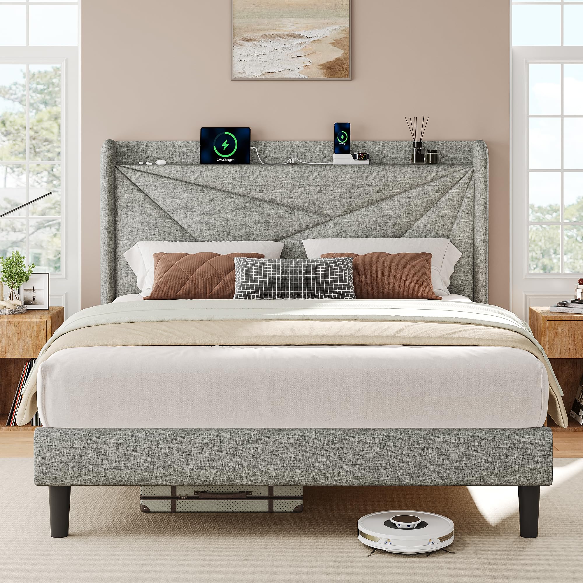 iPormis Twin Size Bed Frame with Charging Station, Linen Platform Bed Frame with Wingback Upholstered Headboard, Solid Wood Slats Support, No Box Spring Needed, Easy Assembly, Dark Grey