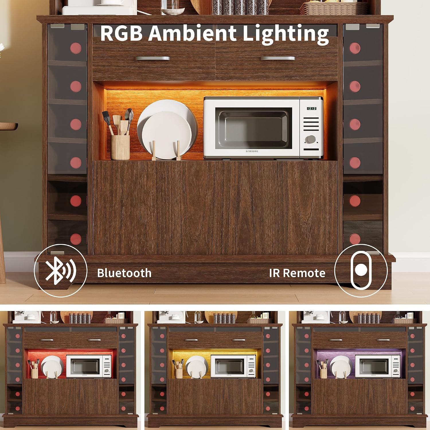 iPormis Bar Cabinet, 71'' Tall Coffee Bar Cabinet with Charging Station and LED Lights, Wine Cabinet with Storage, Wine Rack and Glass Holder, Liquor Cabinet for Home, Dark Walnut