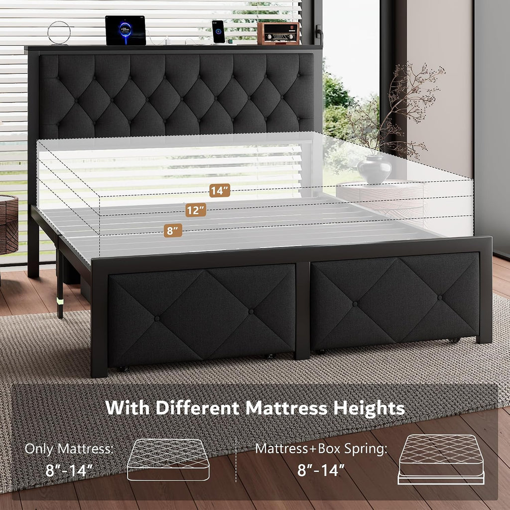 iPormis Full Bed Frame with 2 Storage Drawers, Linen Upholstered Headboard Platform Bed with Charging Station, No Box Spring Needed, Metal Slats Support, Noise-Free, Easy Assembly, Black