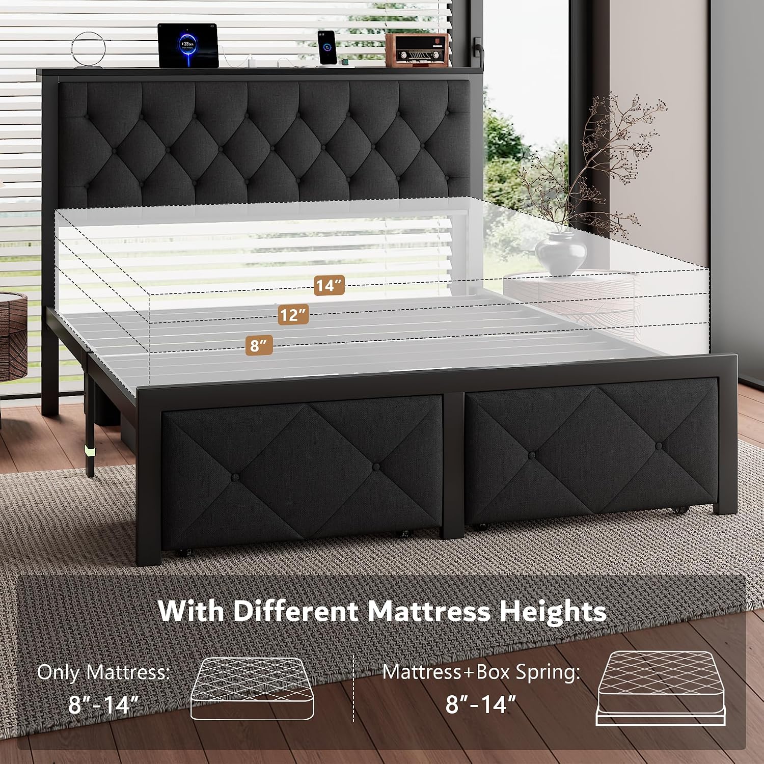iPormis Full Bed Frame with 2 Storage Drawers, Linen Upholstered Headboard Platform Bed with Charging Station, No Box Spring Needed, Metal Slats Support, Noise-Free, Easy Assembly, Black