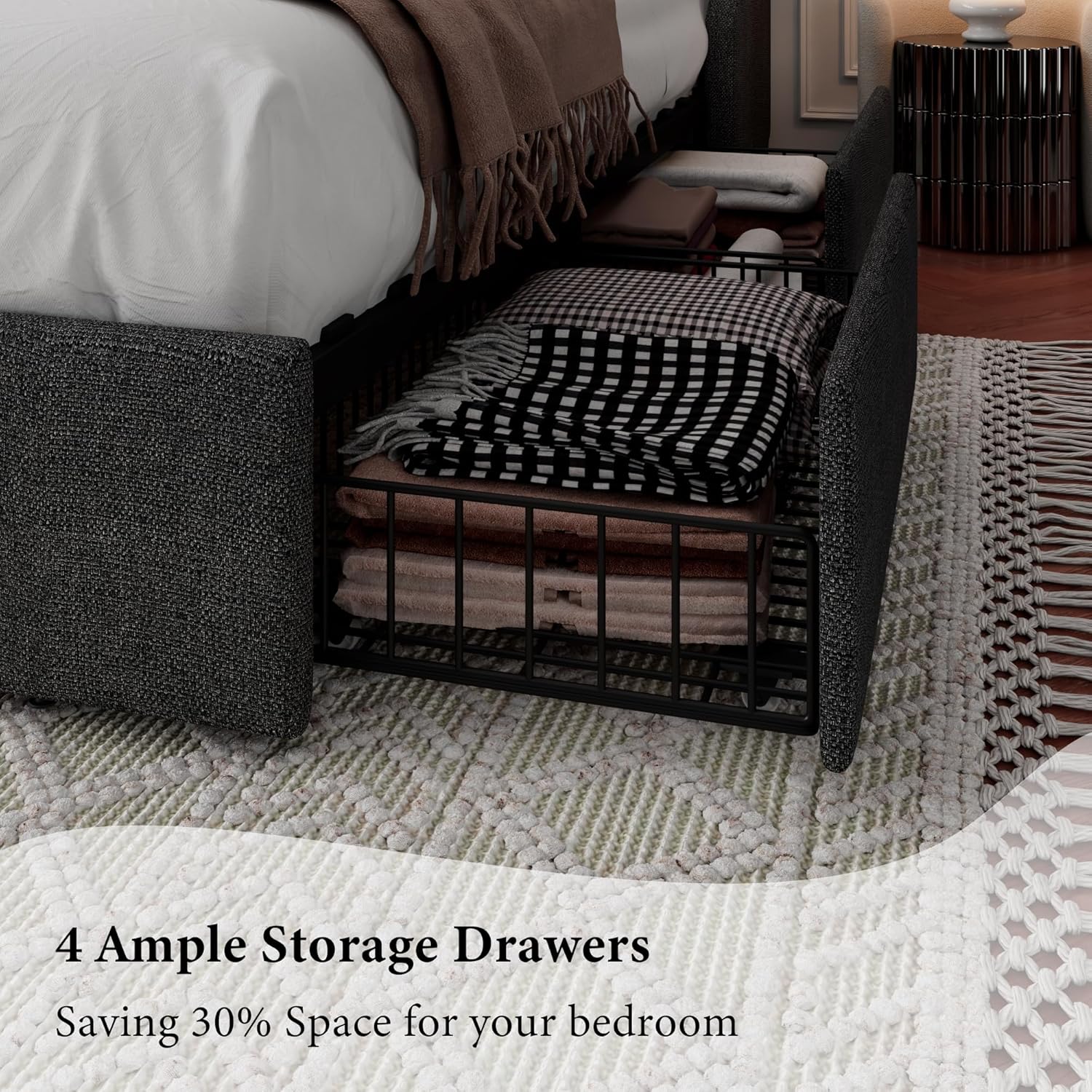 iPormis Queen Bed Frame with 4 Storage Drawers, Upholstered Platform Bed Frame with Type-C & USB Ports, Wingback Storage Headboard, Solid Wood Slats, No Box Spring Needed, Dark Gray