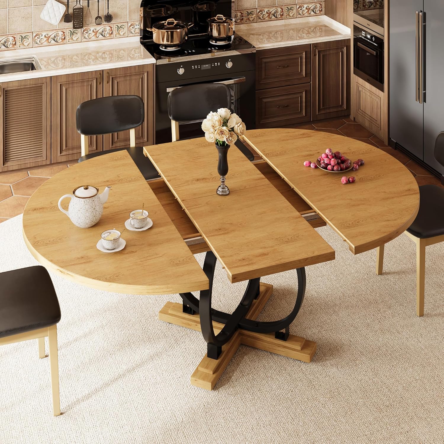 iPormis 59'' extendable round dining table in a stylish setting, accommodating 4 to 6 people, by Passionate.