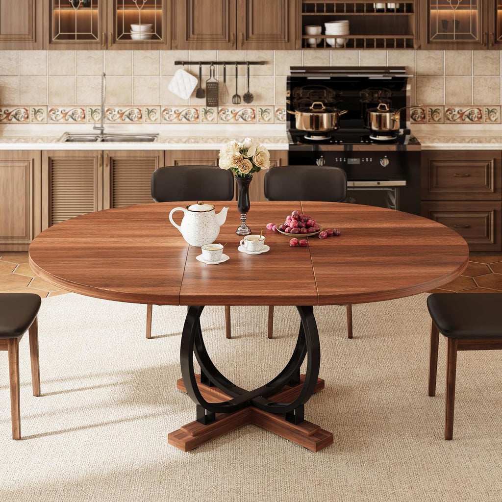 Pormis 59'' Extendable Round Dining Table for 4 to 6, Kitchen Table with Sturdy X-Base Metal Legs, MDF Board with Backboard Clasp, Space Saving, Easy Assembly, Kitchen, Dining Room, Walnut