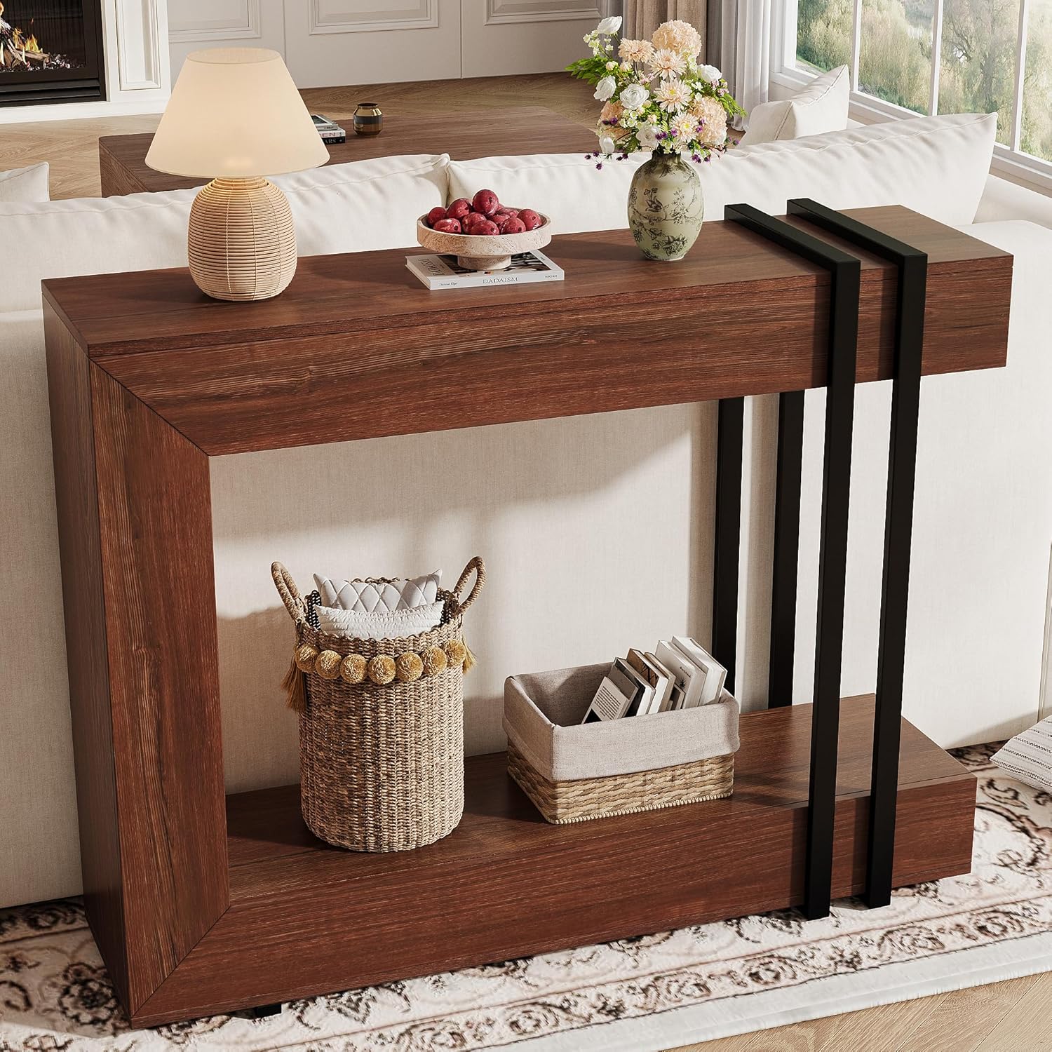iPormis 42.5-inch console table with two tiers, perfect for entryway or behind couch, showcasing wood finish and modern design.