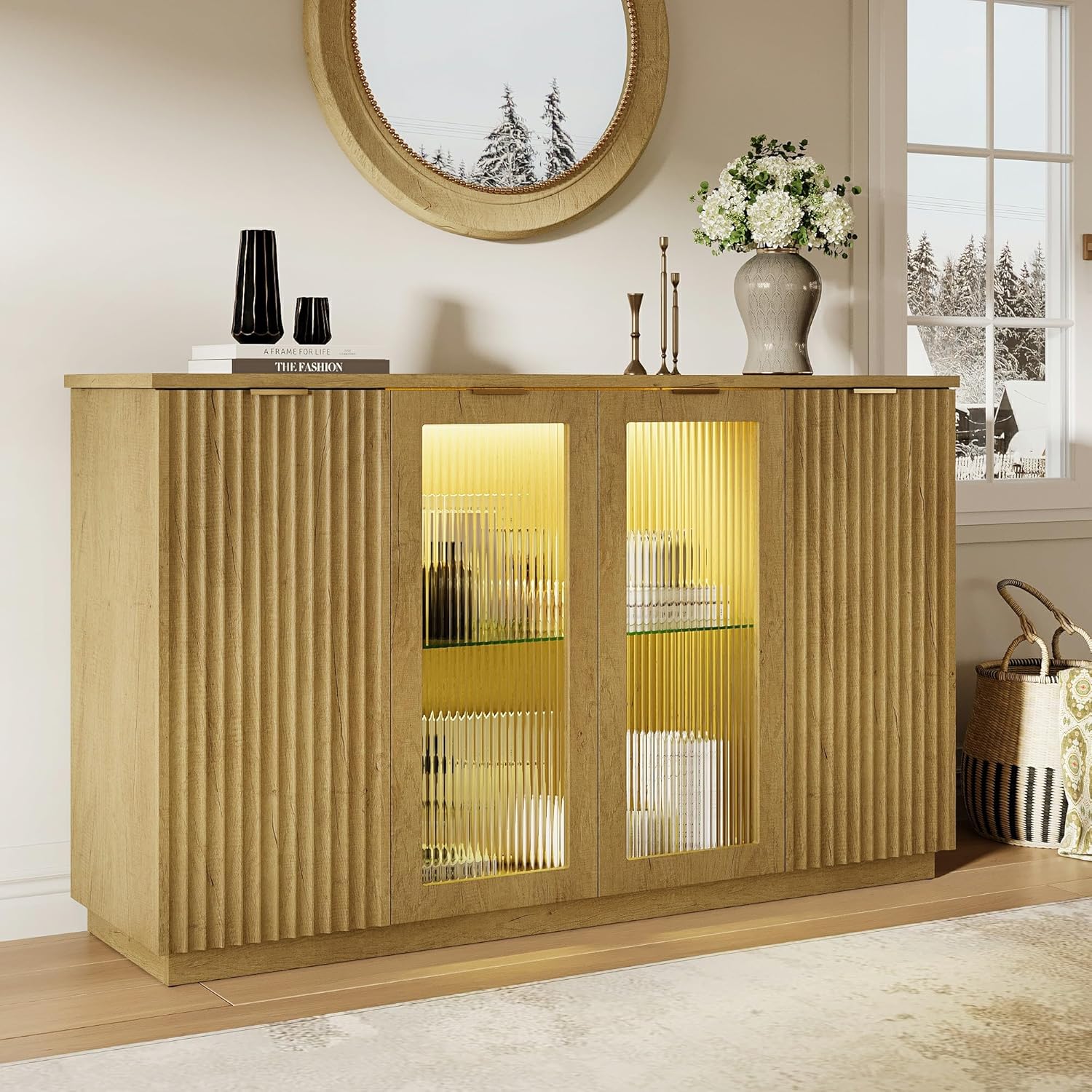 iPormis Sideboard Buffet Cabinet with Glass Doors & LED Lights, Fluted Credenza Storage Cabinet with Adjustable Shelves, 55" Modern Wood Coffee Bar for Kitchen Room Living Room Natural Oak