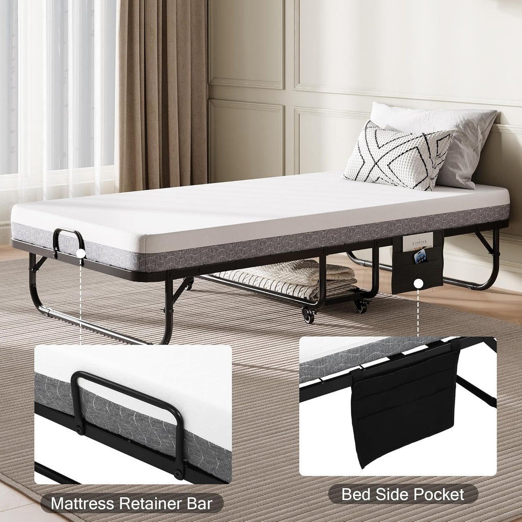 iPormis Folding Bed with Mattress, 76" x 38" Portable Foldable Bed with Side Pocket & Storage Shelf, Twin Rollaway Beds for Adults, Folded Up Beds w/Sturdy Metal Frame for Guestroom, Space Saving