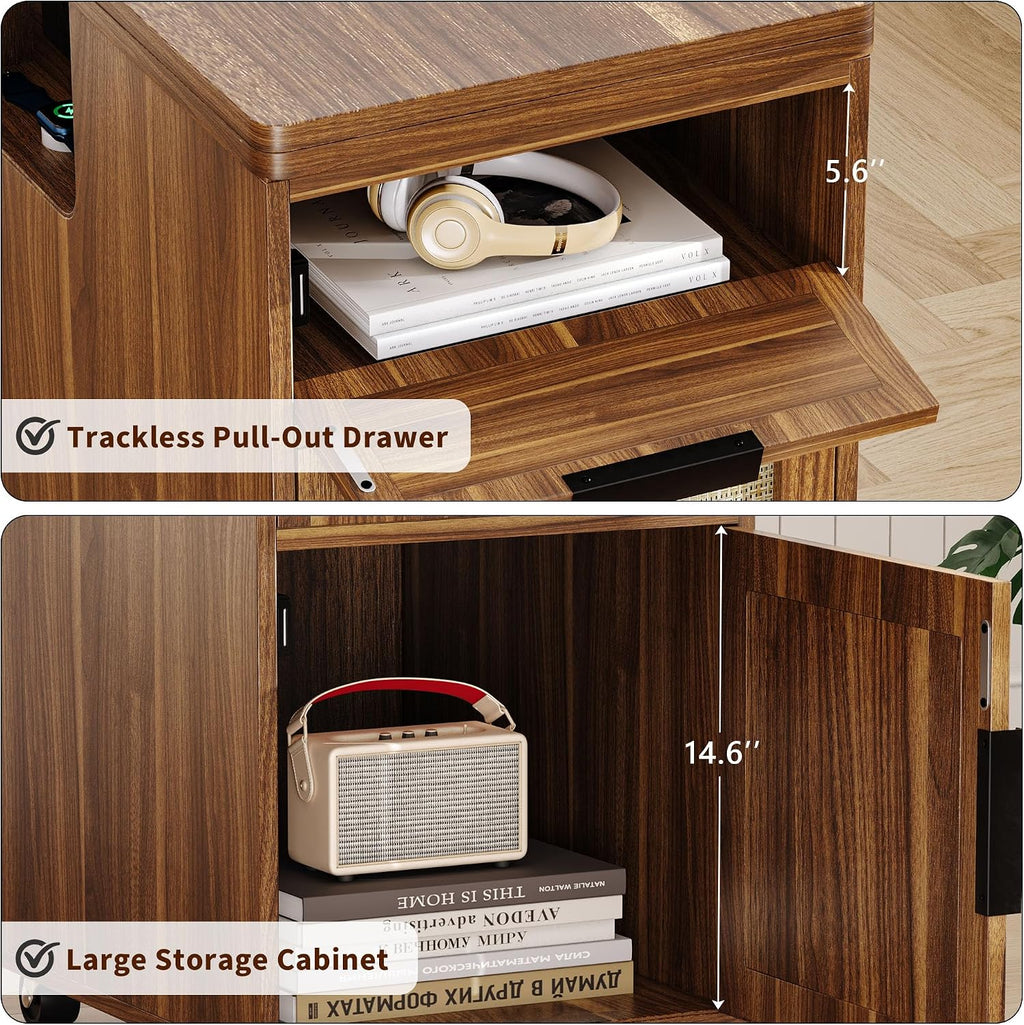 iPormis Narrow Nightstand with Charging Station, Extendable Desktop, Drawer | 15.7''-31.5'' Expandable Surface, Rolling Wheels, Rattan Wood Storage Cabinet, Space-Saving for Bedroom Small Spaces, Walnut